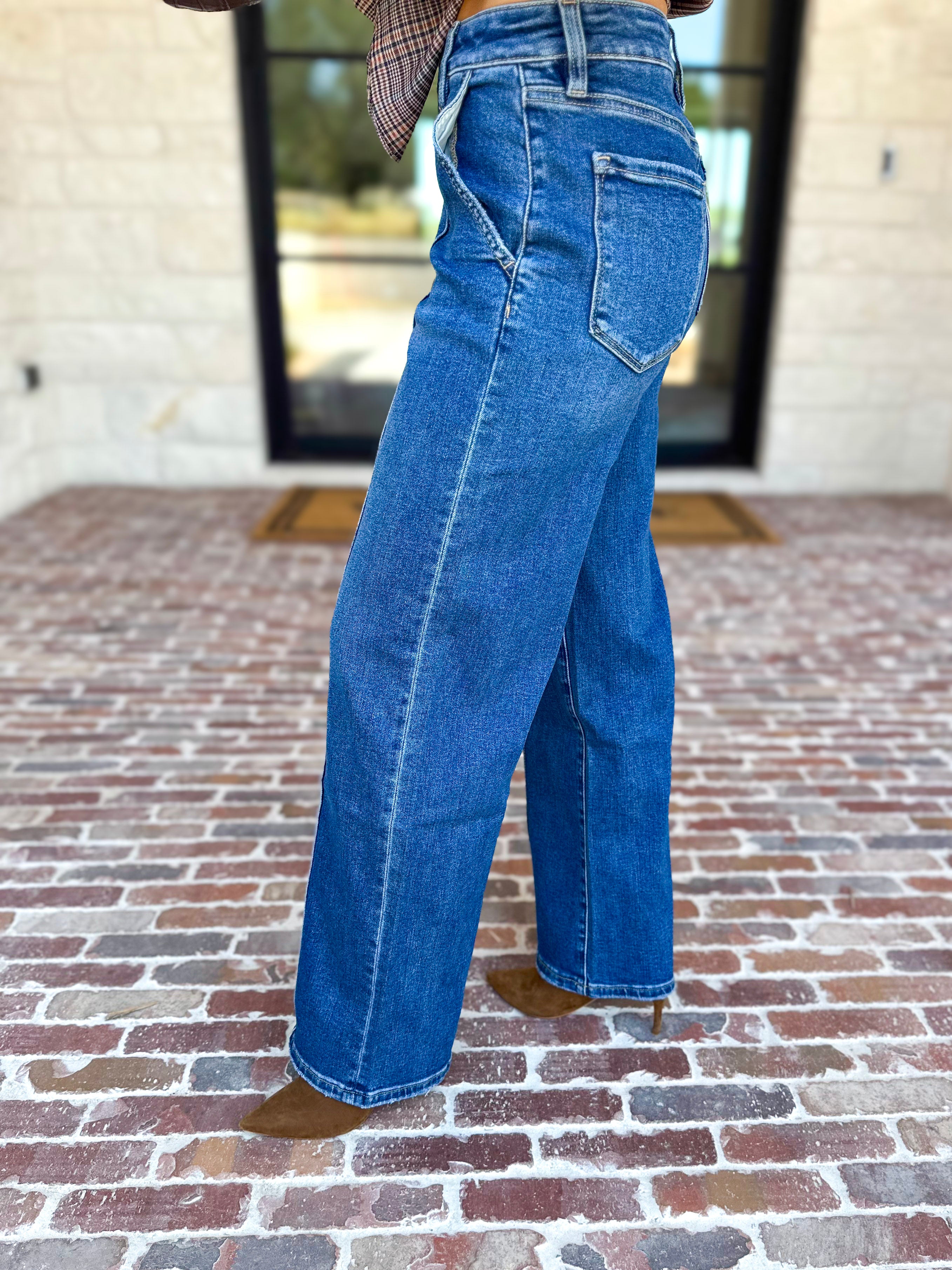 Vervet - Pin Tick High Rise Wide Leg Jeans-420 Denim-VEVERT BY FLYING MONKEY-July & June Women's Fashion Boutique Located in San Antonio, Texas