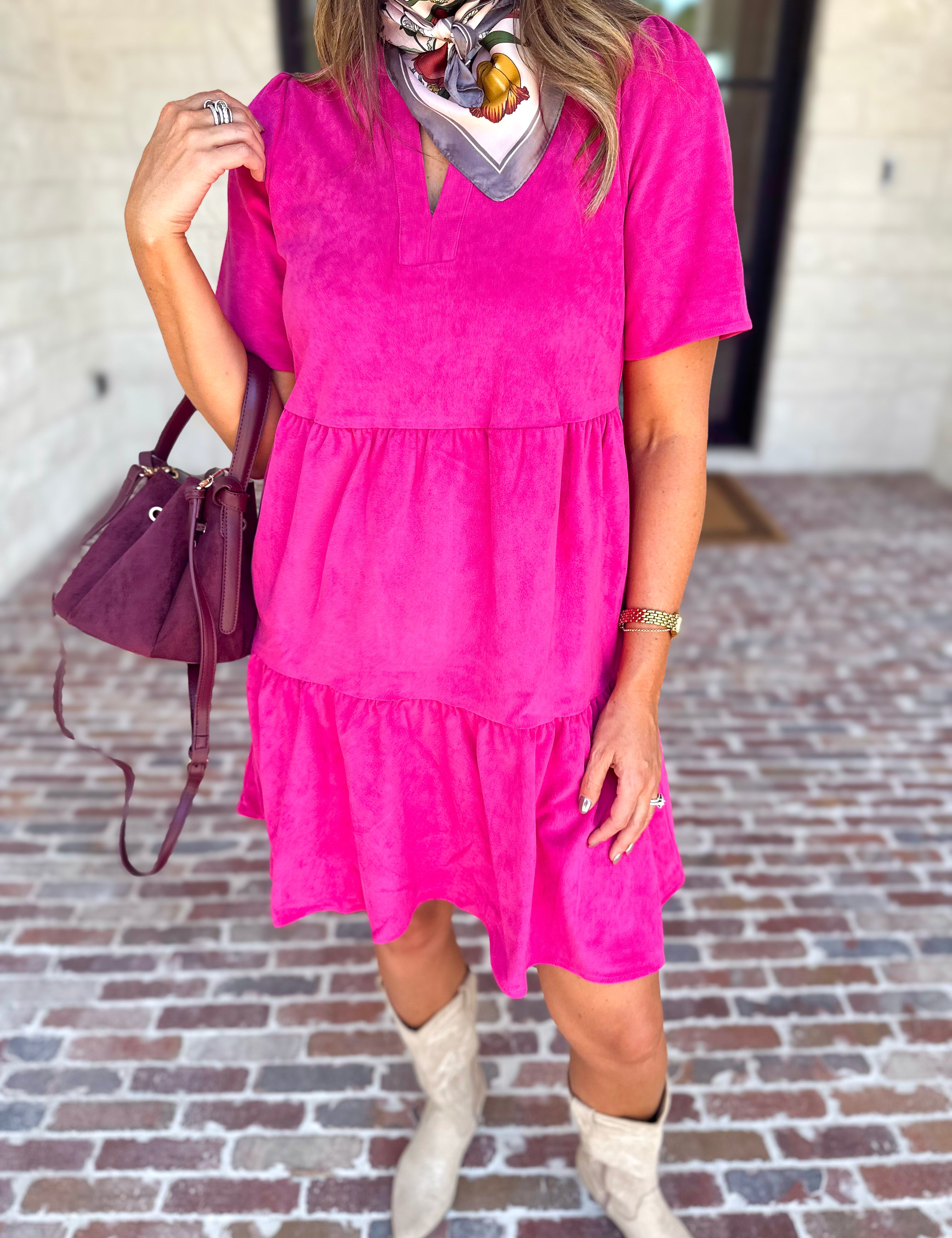 Mary Square - Soft Suede Mini Dress - Hot Pink-510 Mini-MARY SQUARE-July & June Women's Fashion Boutique Located in San Antonio, Texas