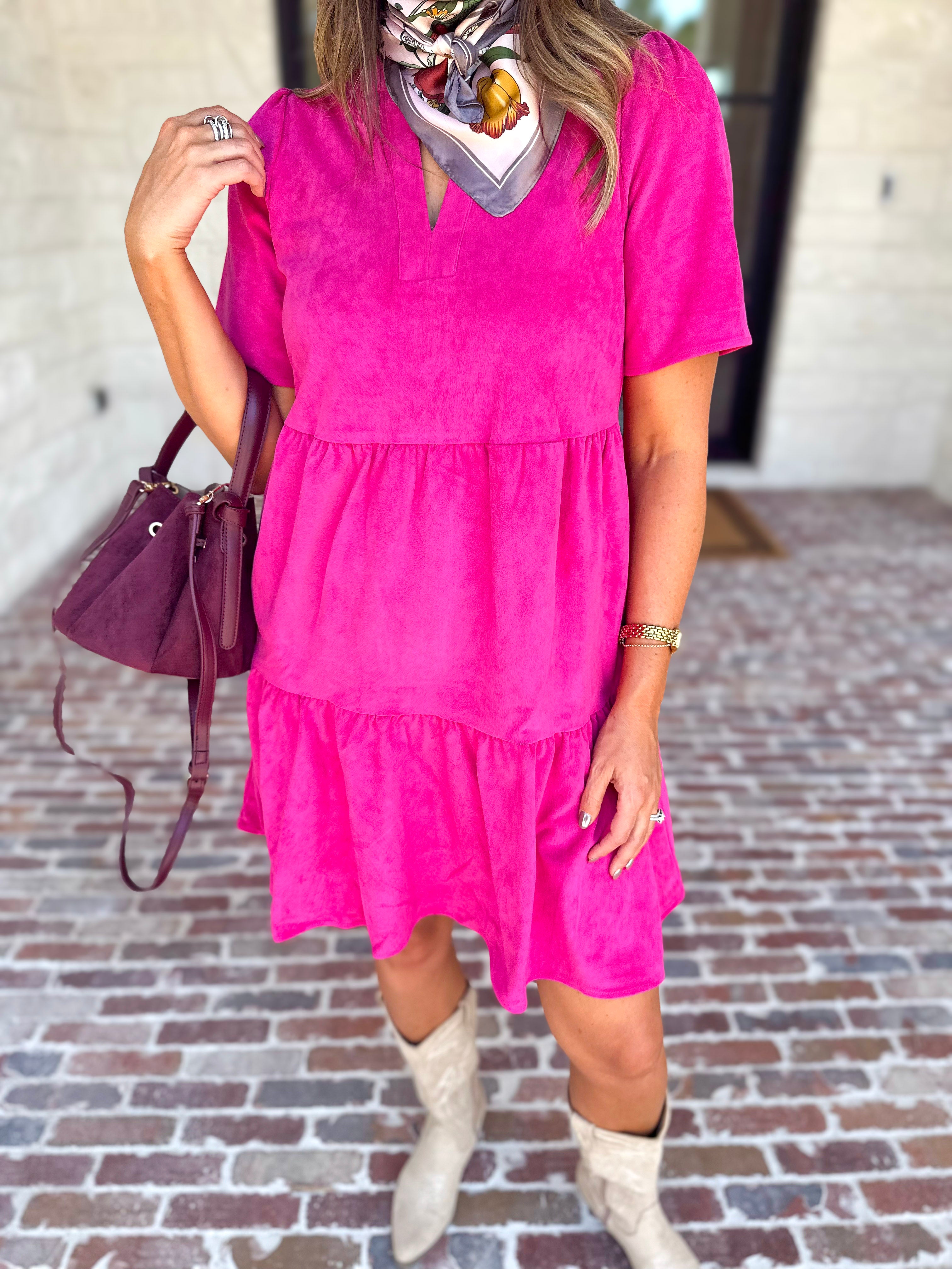 Mary Square - Soft Suede Mini Dress - Hot Pink-510 Mini-MARY SQUARE-July & June Women's Fashion Boutique Located in San Antonio, Texas