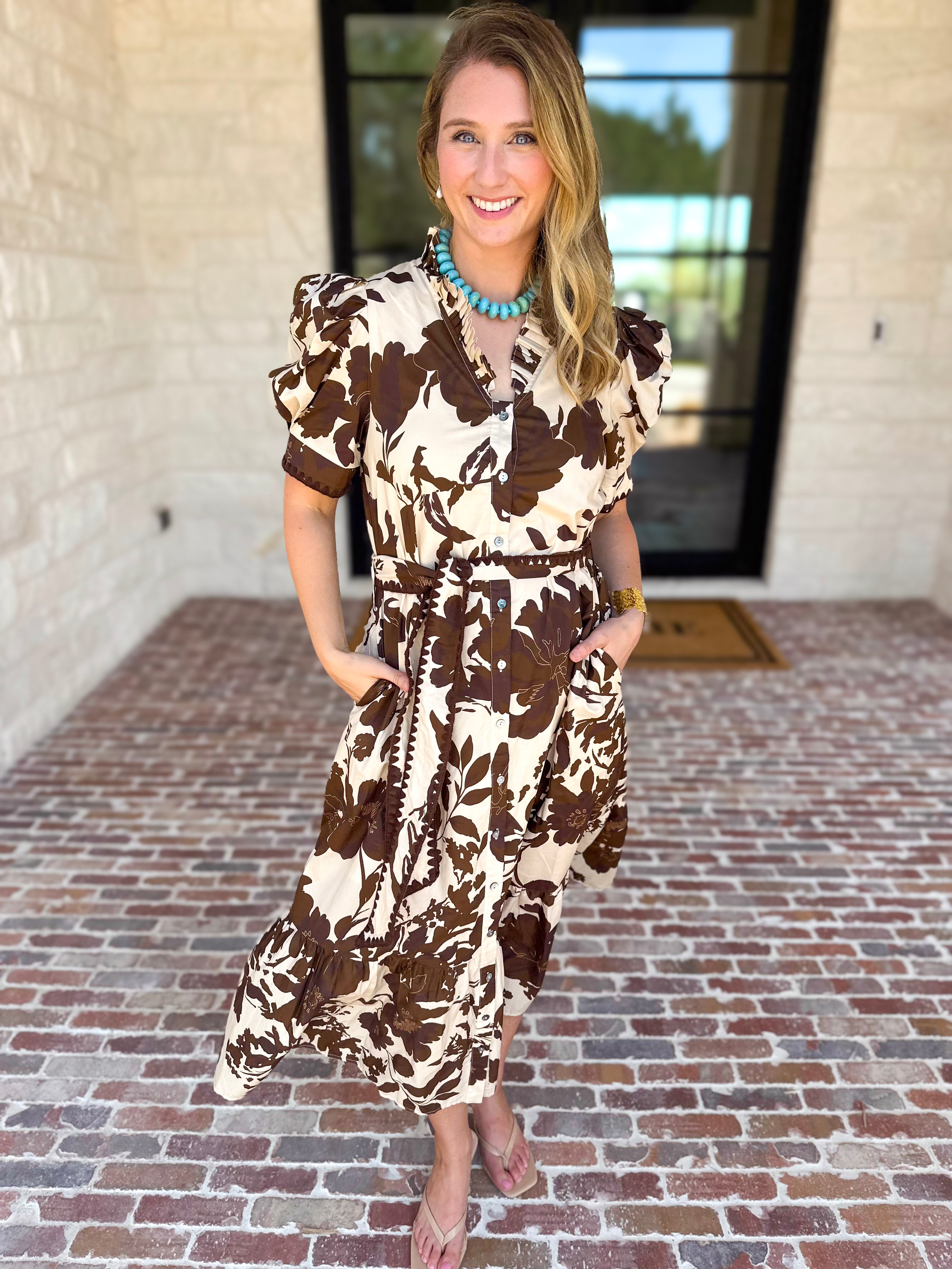 Mocha Magnolia Midi Dress-500 Midi-ENTRO-July & June Women's Fashion Boutique Located in San Antonio, Texas