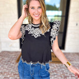 THML - Black Flutter Sleeve Embroidered Blouse-200 Fashion Blouses-THML-July & June Women's Fashion Boutique Located in San Antonio, Texas