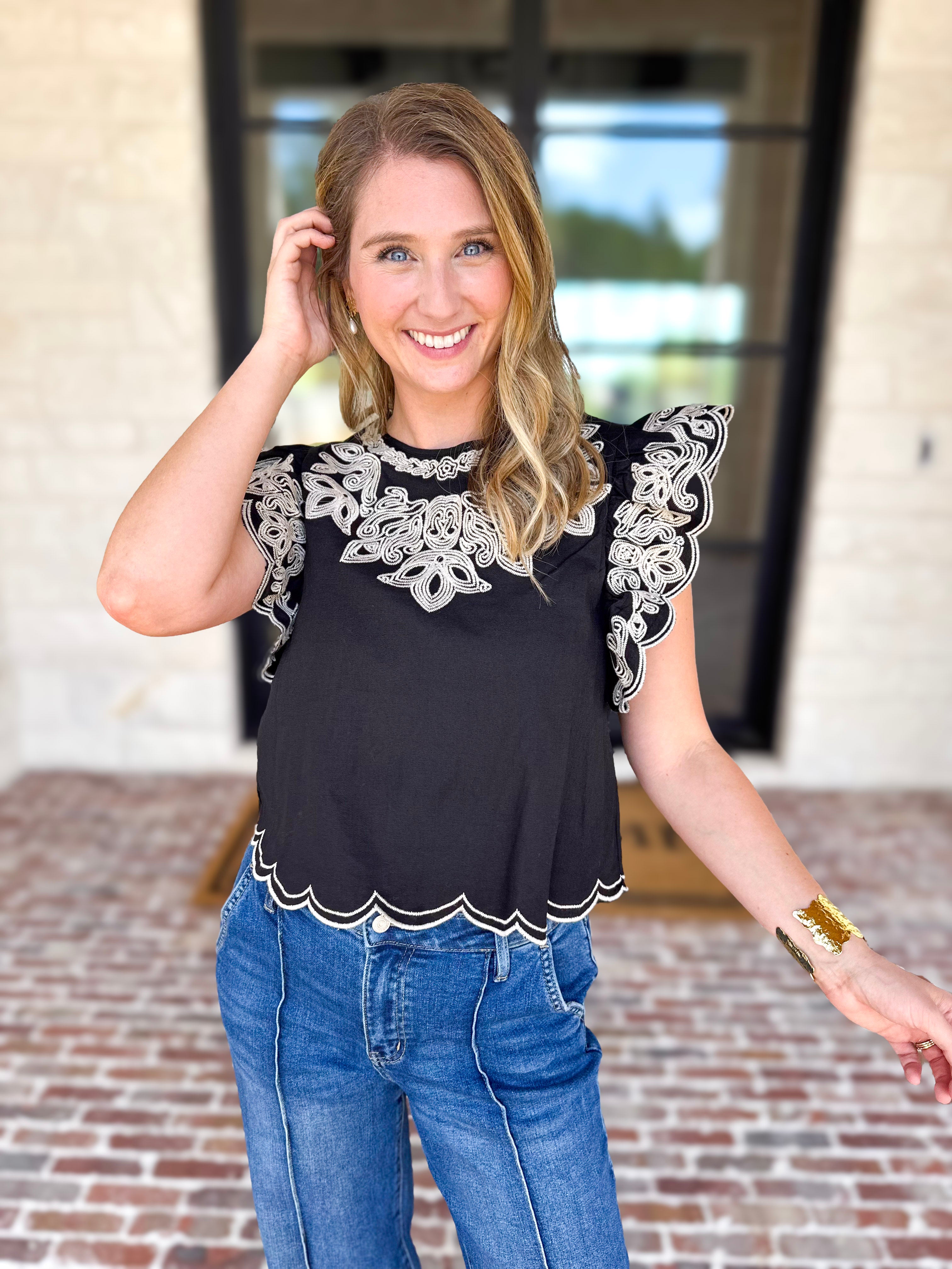 THML - Black Flutter Sleeve Embroidered Blouse-200 Fashion Blouses-THML-July & June Women's Fashion Boutique Located in San Antonio, Texas