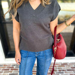 Liverpool - V-Neck Cinch Knit Top - Charcoal-230 Sweaters/Cardis-LIVERPOOL JEANS COMPANY-July & June Women's Fashion Boutique Located in San Antonio, Texas