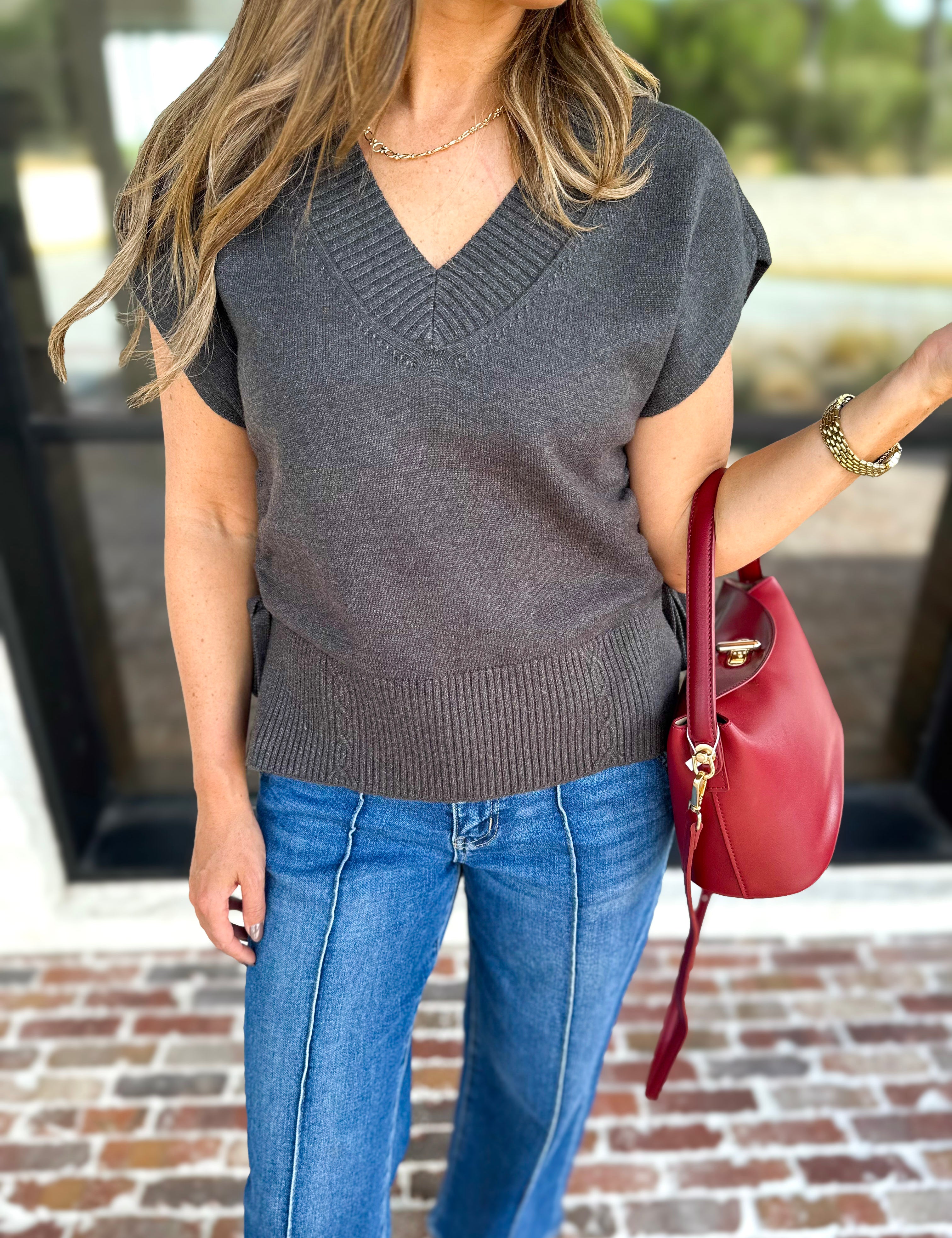 Liverpool - V-Neck Cinch Knit Top - Charcoal-230 Sweaters/Cardis-LIVERPOOL JEANS COMPANY-July & June Women's Fashion Boutique Located in San Antonio, Texas