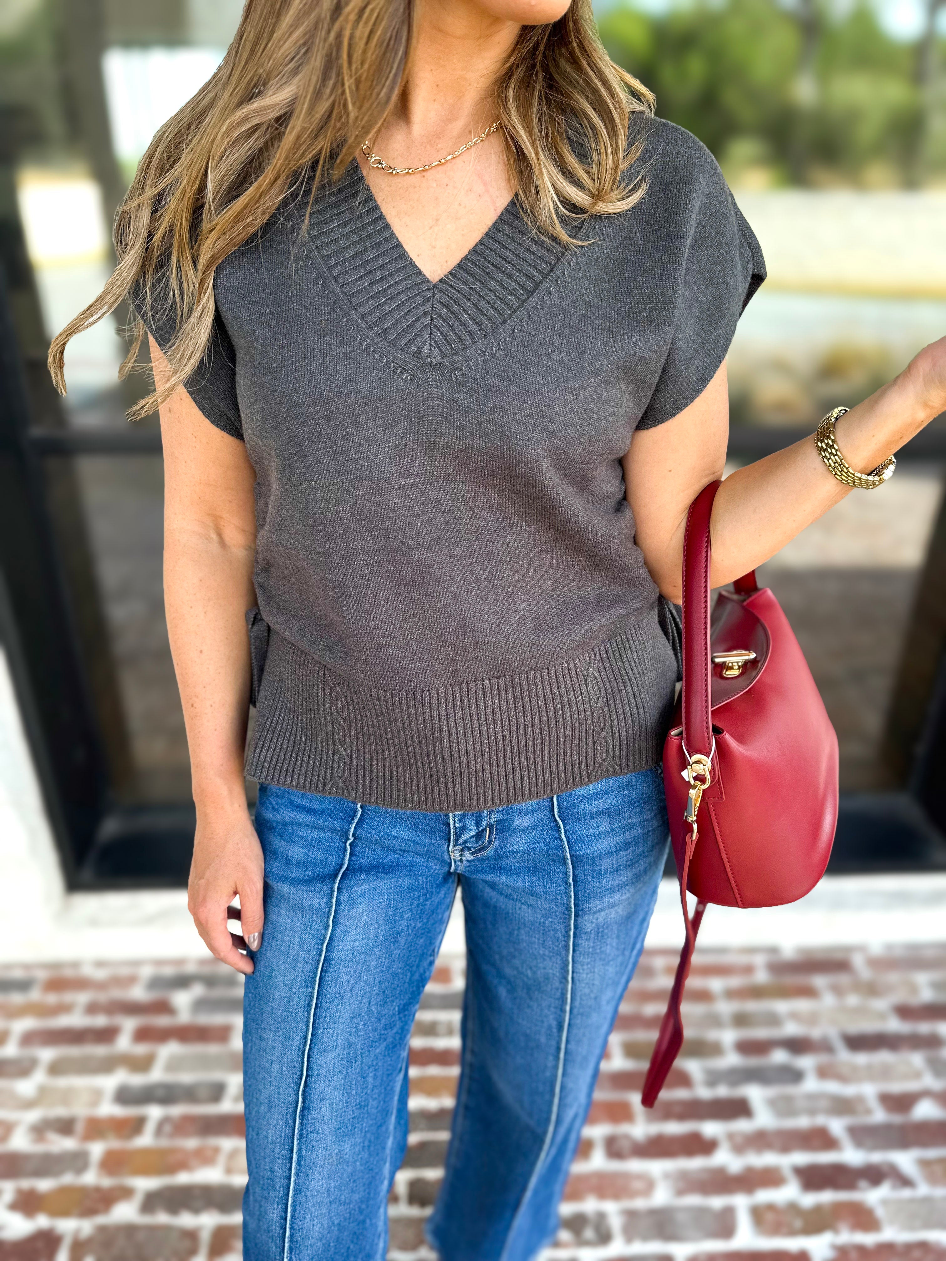 Liverpool - V-Neck Cinch Knit Top - Charcoal-230 Sweaters/Cardis-LIVERPOOL JEANS COMPANY-July & June Women's Fashion Boutique Located in San Antonio, Texas