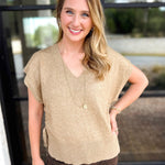 Liverpool - V-Neck Cinch Knit Top - Toasted Tan-230 Sweaters/Cardis-LIVERPOOL JEANS COMPANY-July & June Women's Fashion Boutique Located in San Antonio, Texas