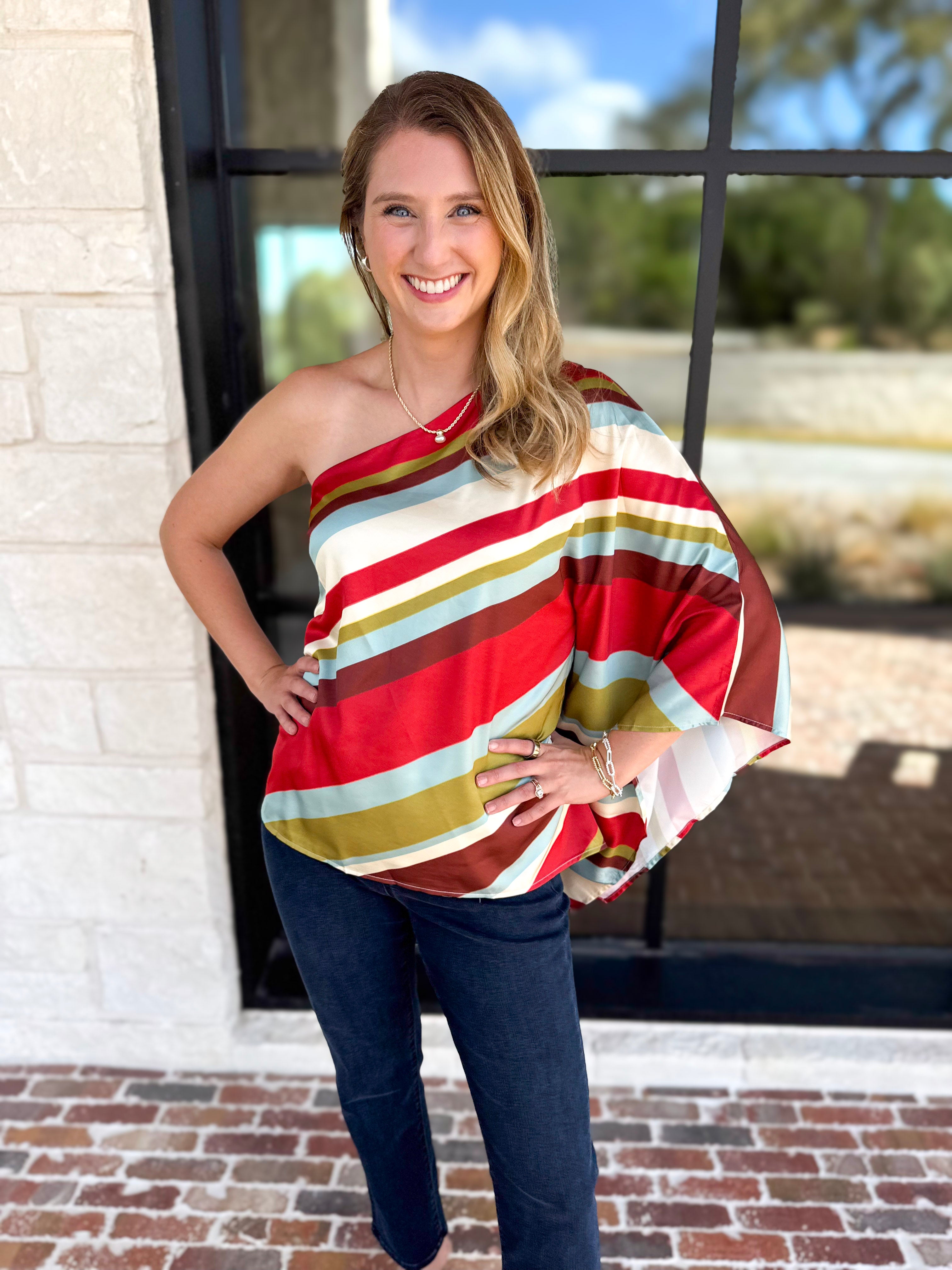 Color Rush One Shoulder Blouse-200 Fashion Blouses-TCEC-July & June Women's Fashion Boutique Located in San Antonio, Texas