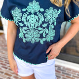Coastal Embroidered Blouse - Navy-200 Fashion Blouses-JODIFL-July & June Women's Fashion Boutique Located in San Antonio, Texas