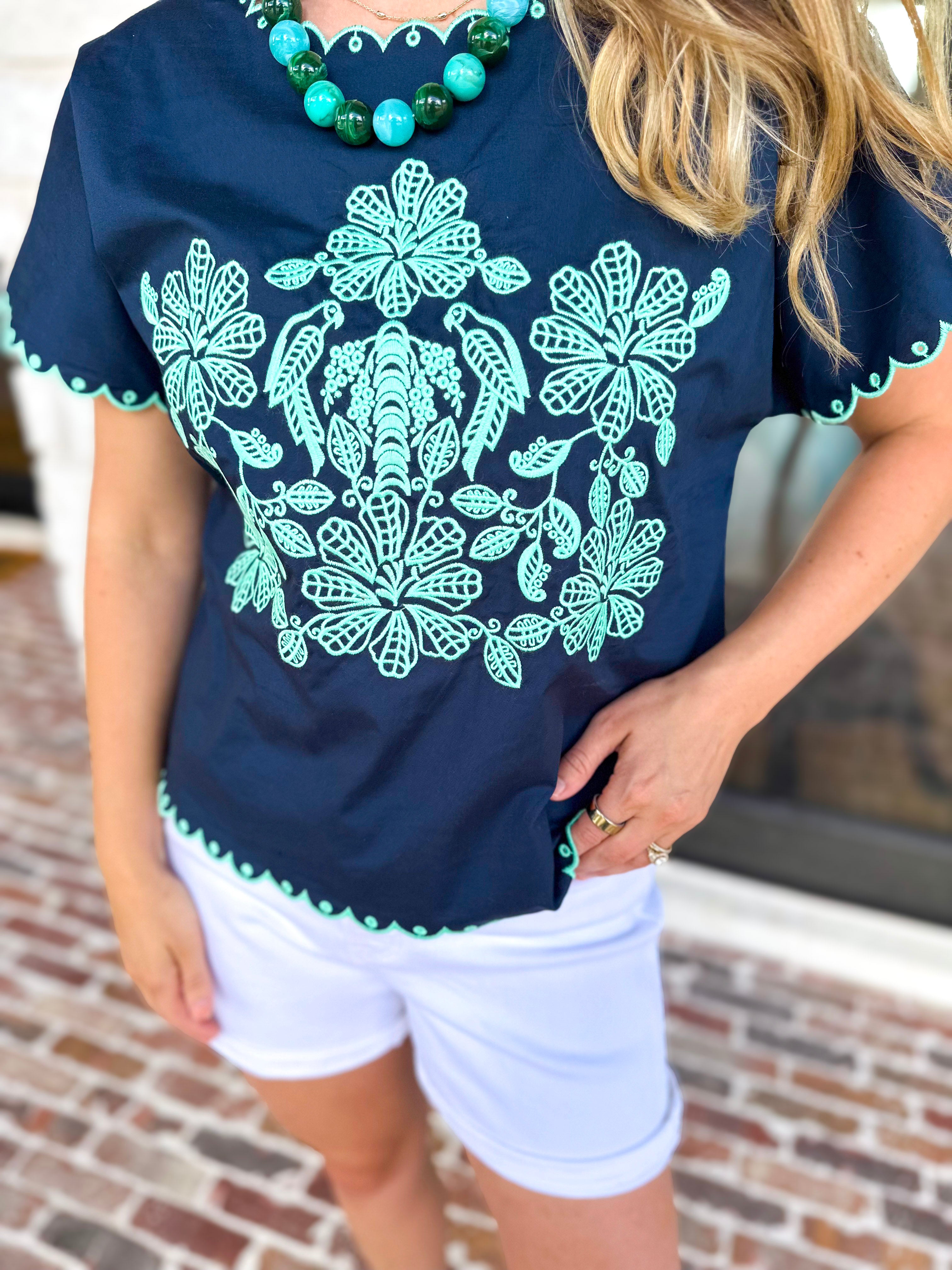 Coastal Embroidered Blouse - Navy-200 Fashion Blouses-JODIFL-July & June Women's Fashion Boutique Located in San Antonio, Texas