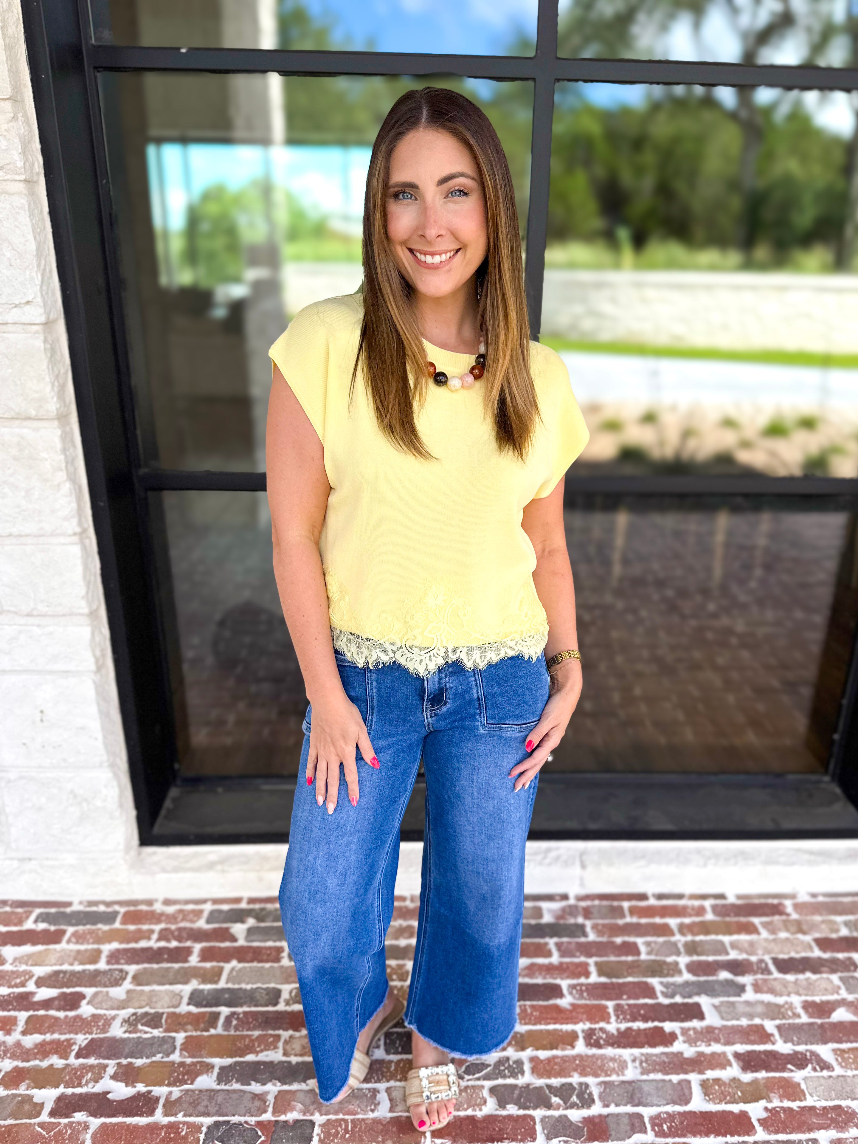Collins Lace Trim Blouse - Lemon-200 Fashion Blouses-ENTRO-July & June Women's Fashion Boutique Located in San Antonio, Texas