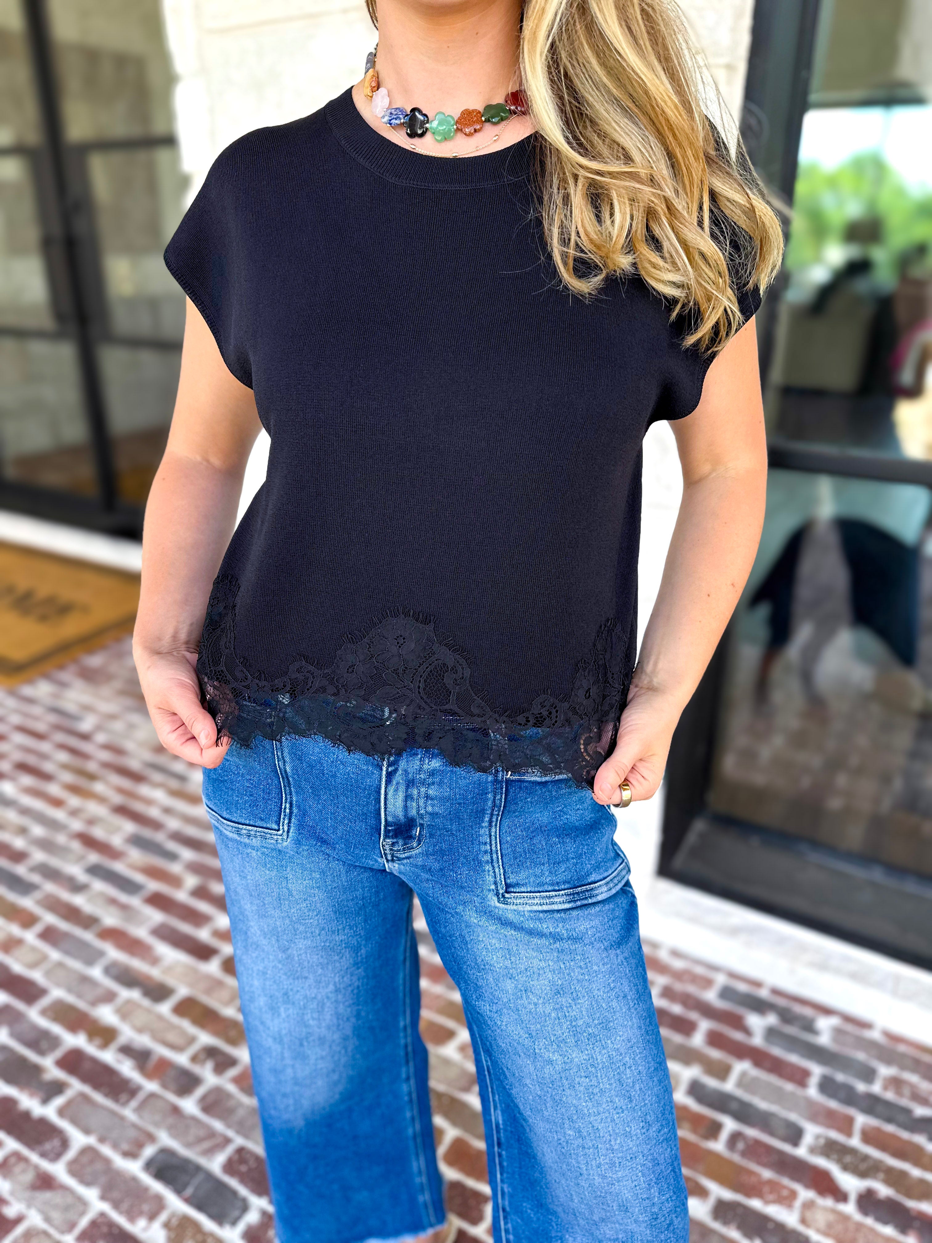Collins Lace Trim Blouse - Black-200 Fashion Blouses-ENTRO-July & June Women's Fashion Boutique Located in San Antonio, Texas
