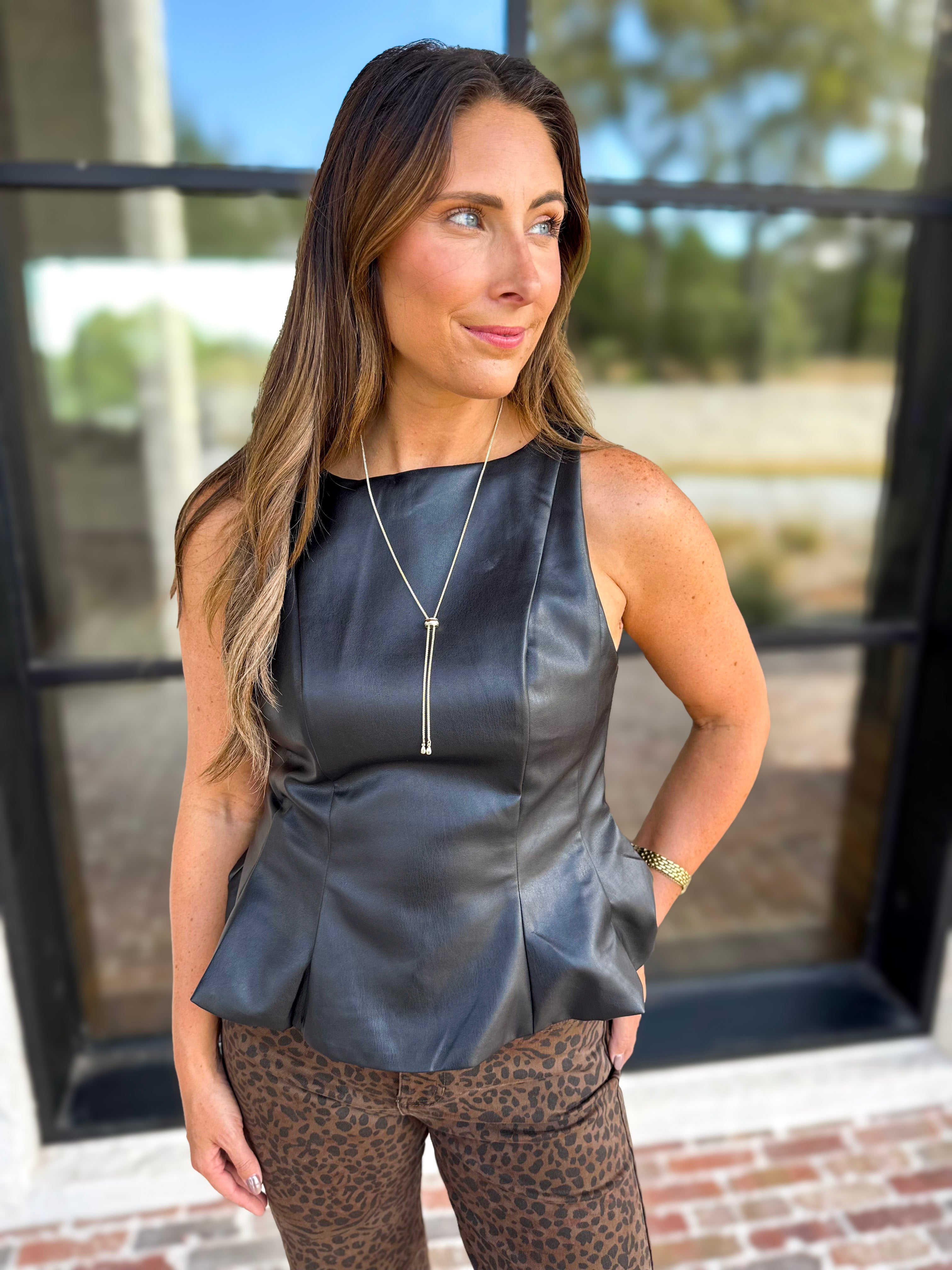 THML - Chic Peplum Black Faux Leather Blouse-200 Fashion Blouses-THML-July & June Women's Fashion Boutique Located in San Antonio, Texas
