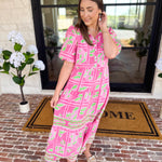 Mary Square - Pink Trellis Tiles Midi Dress-500 Midi-MARY SQUARE-July & June Women's Fashion Boutique Located in San Antonio, Texas
