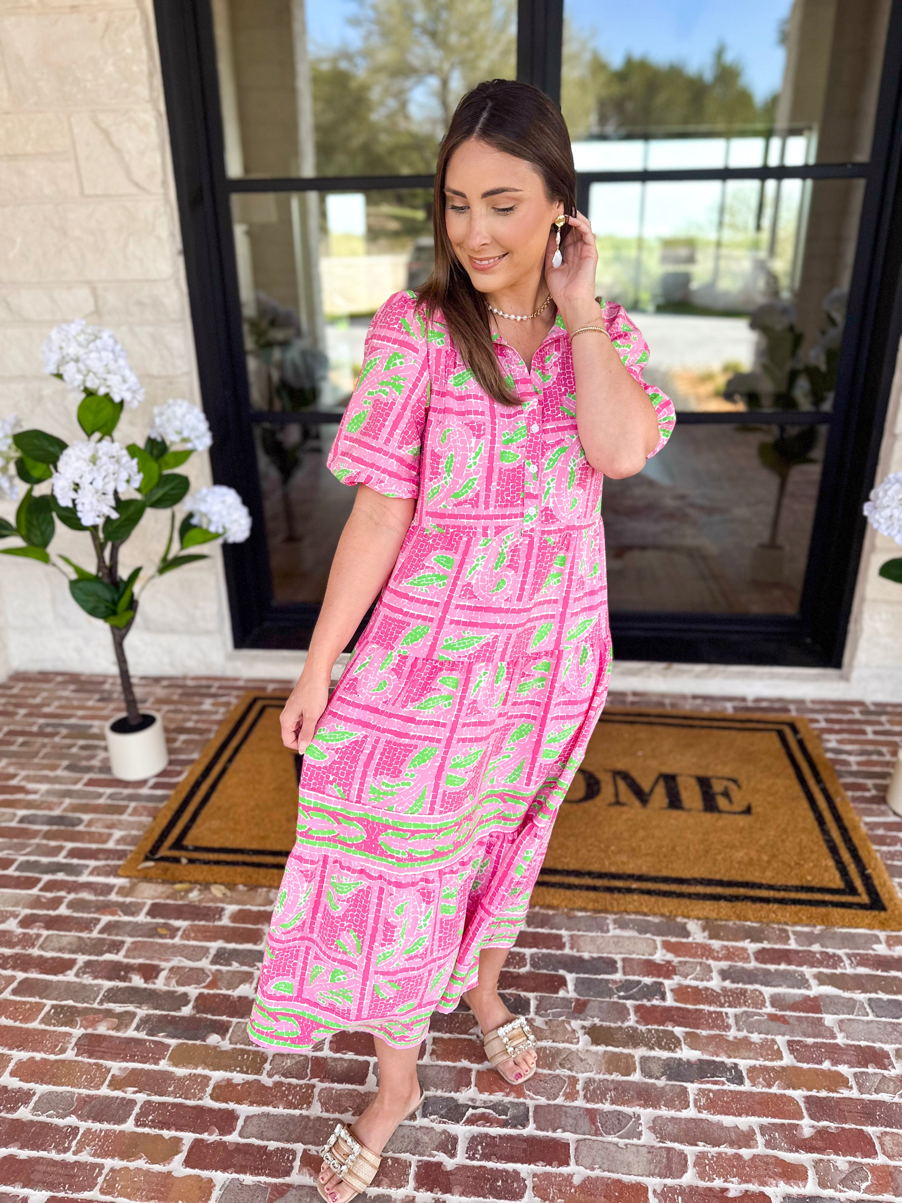 Mary Square - Pink Trellis Tiles Midi Dress-500 Midi-MARY SQUARE-July & June Women's Fashion Boutique Located in San Antonio, Texas