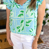 Mary Square - Lydia Trellis Tiles Blouse - Blue-200 Fashion Blouses-MARY SQUARE-July & June Women's Fashion Boutique Located in San Antonio, Texas