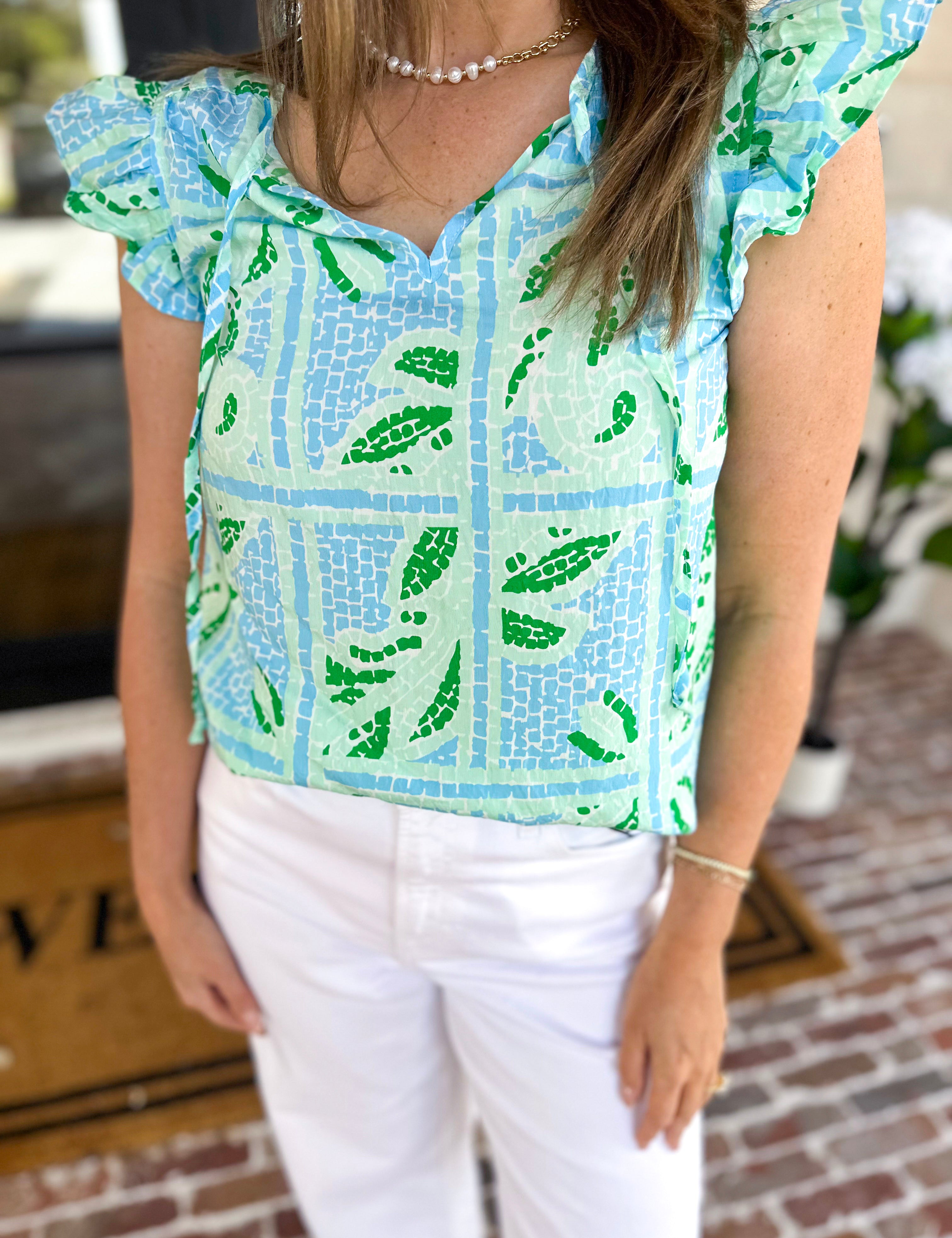 Mary Square - Lydia Trellis Tiles Blouse - Blue-200 Fashion Blouses-MARY SQUARE-July & June Women's Fashion Boutique Located in San Antonio, Texas