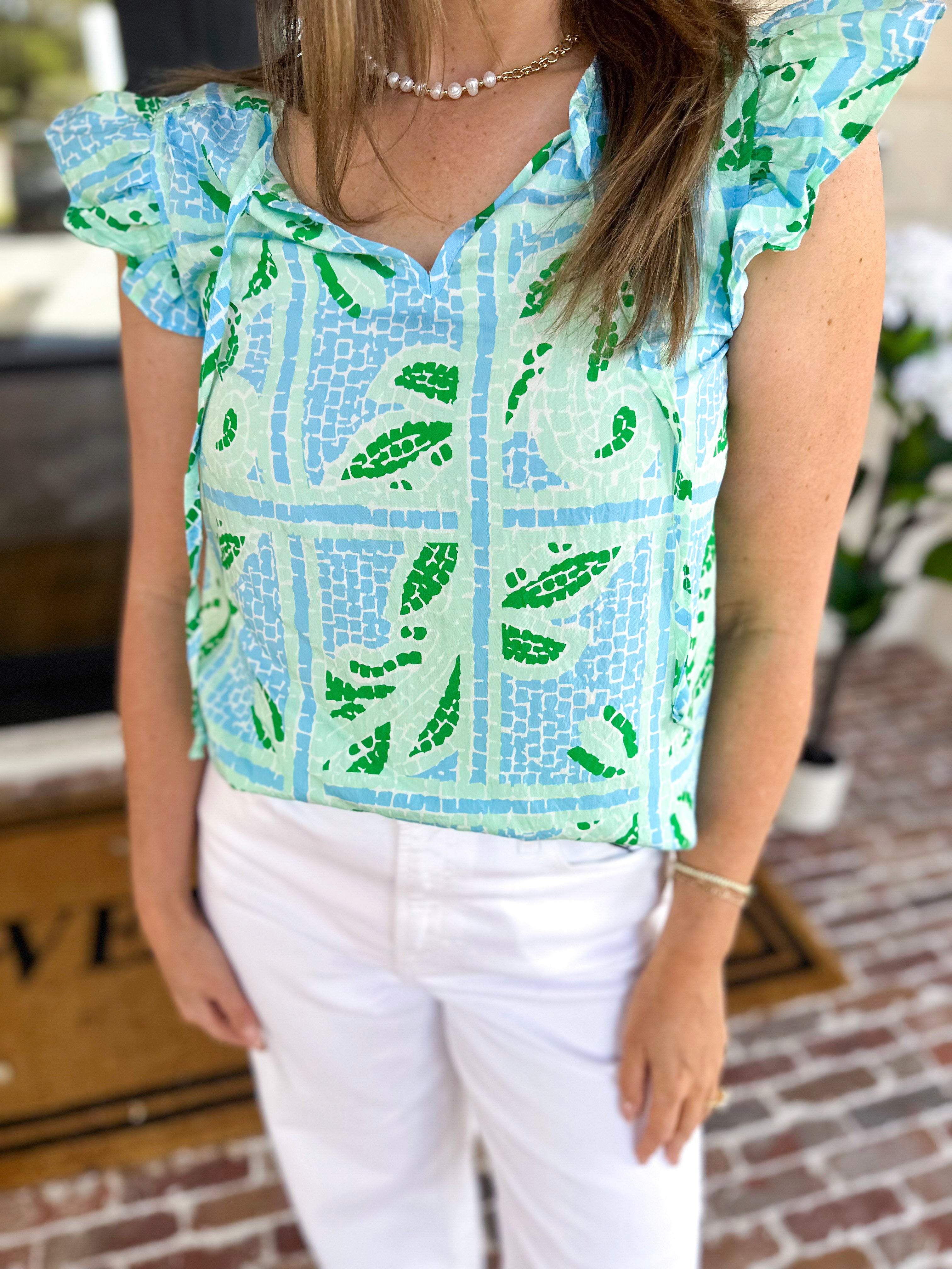 Mary Square - Lydia Trellis Tiles Blouse - Blue-200 Fashion Blouses-MARY SQUARE-July & June Women's Fashion Boutique Located in San Antonio, Texas