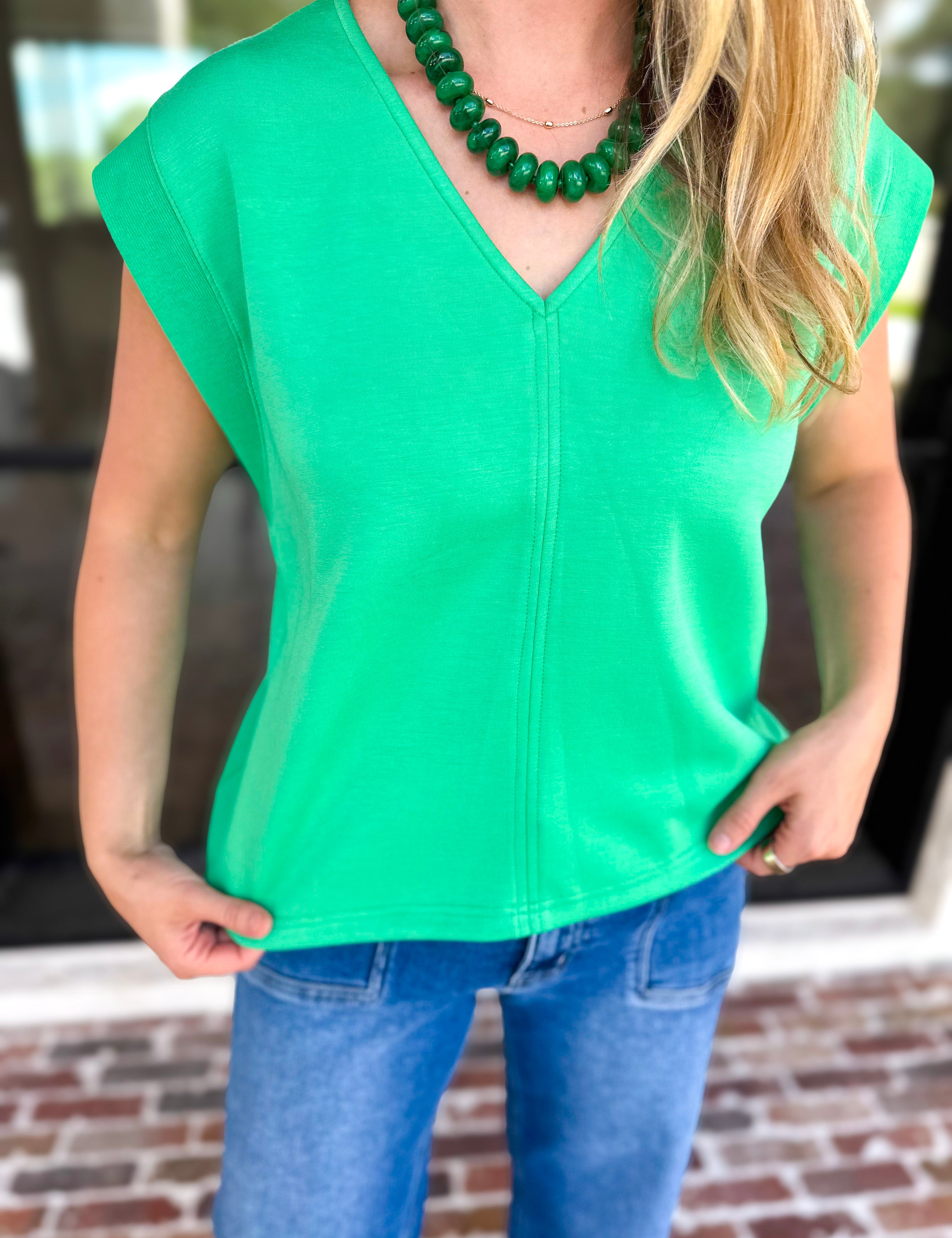 Casual Staples V-Neck Top - Kelly Green-210 Casual Blouses-ENTRO-July & June Women's Fashion Boutique Located in San Antonio, Texas