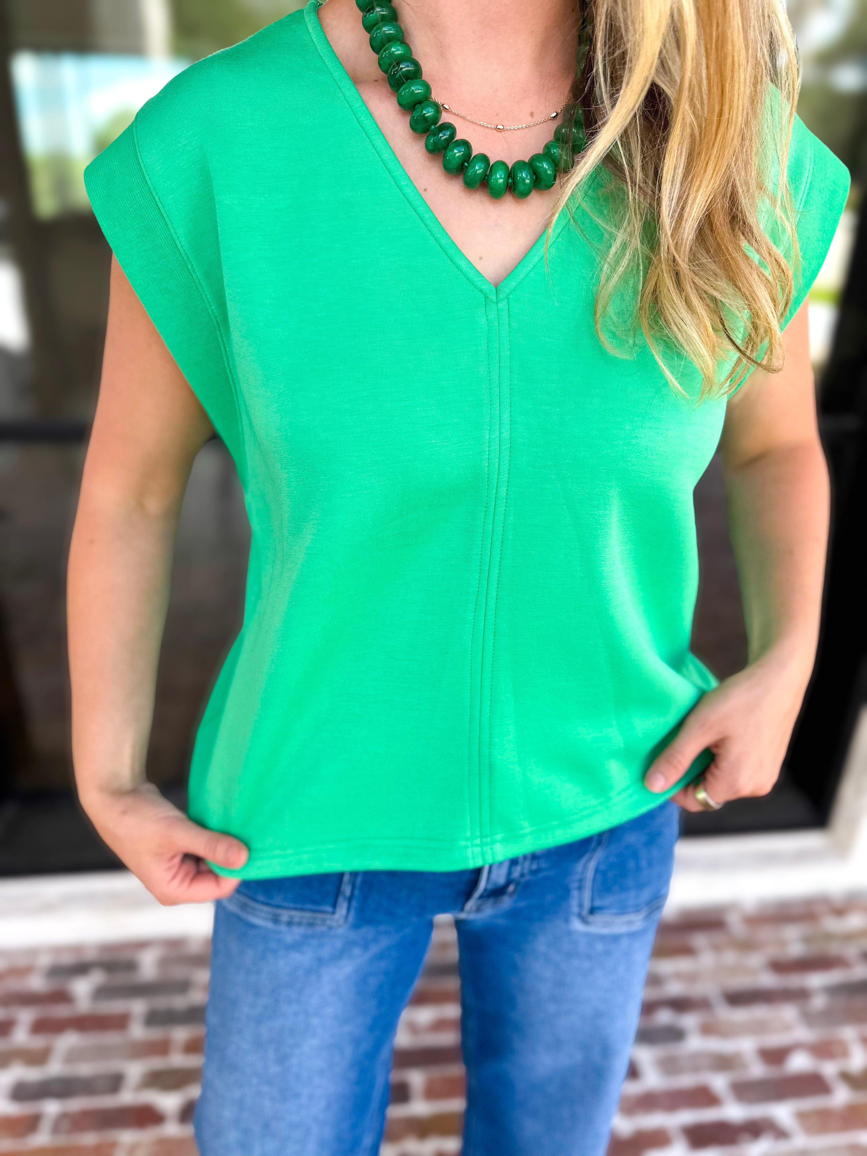 Casual Staples V-Neck Top - Kelly Green-210 Casual Blouses-ENTRO-July & June Women's Fashion Boutique Located in San Antonio, Texas
