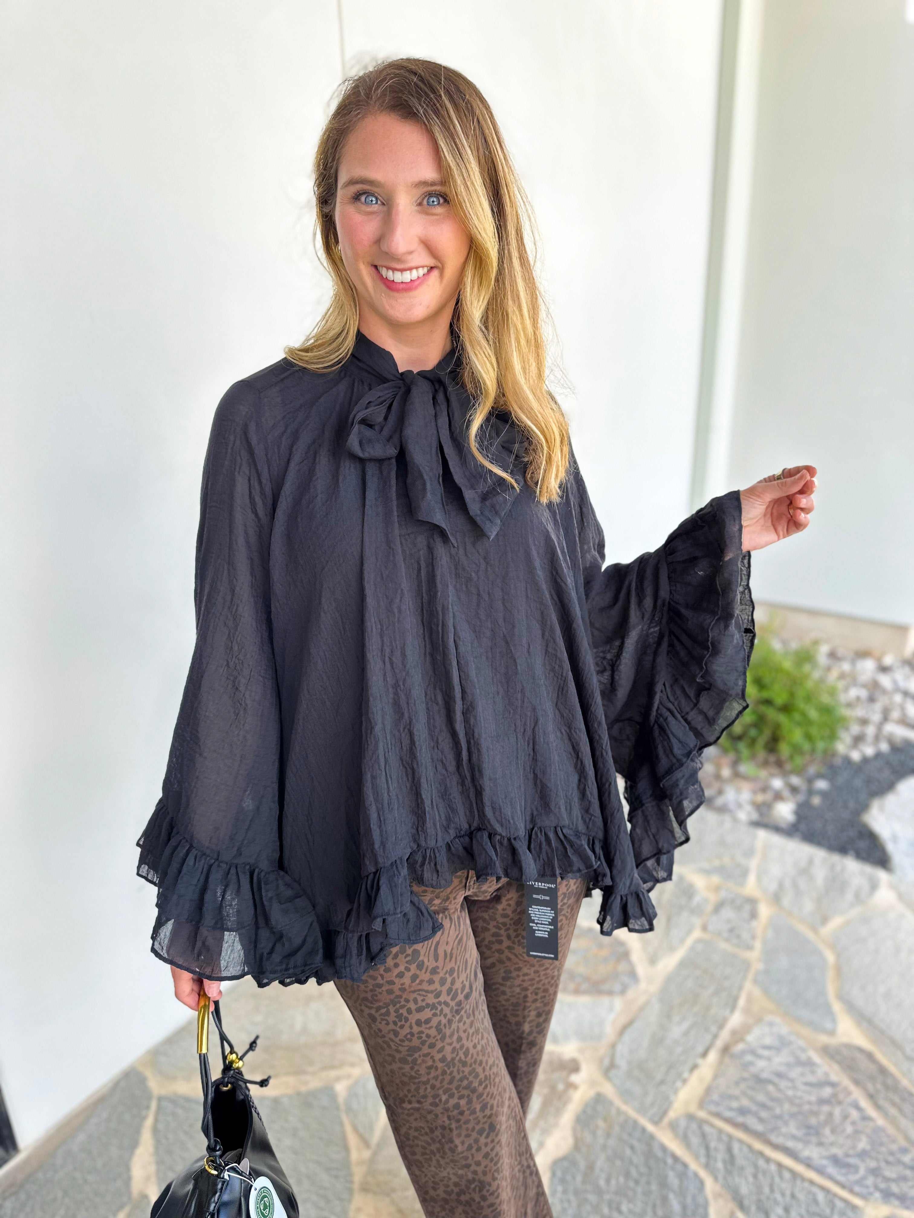 Feminine Flowy Ruffled Blouse - Black-200 Fashion Blouses-TCEC-July & June Women's Fashion Boutique Located in San Antonio, Texas