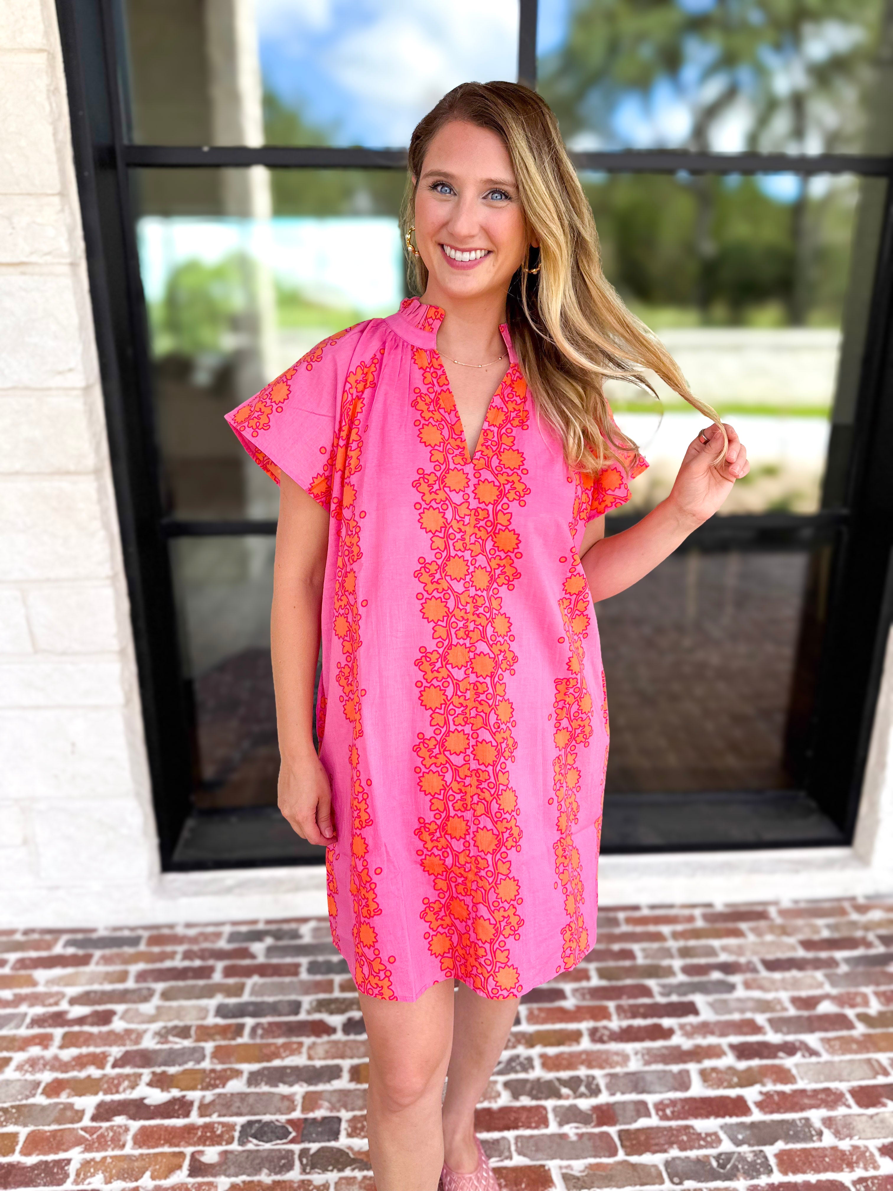 THML - Bold Floral Shift Mini Dress - Pink-510 Mini-THML-July & June Women's Fashion Boutique Located in San Antonio, Texas