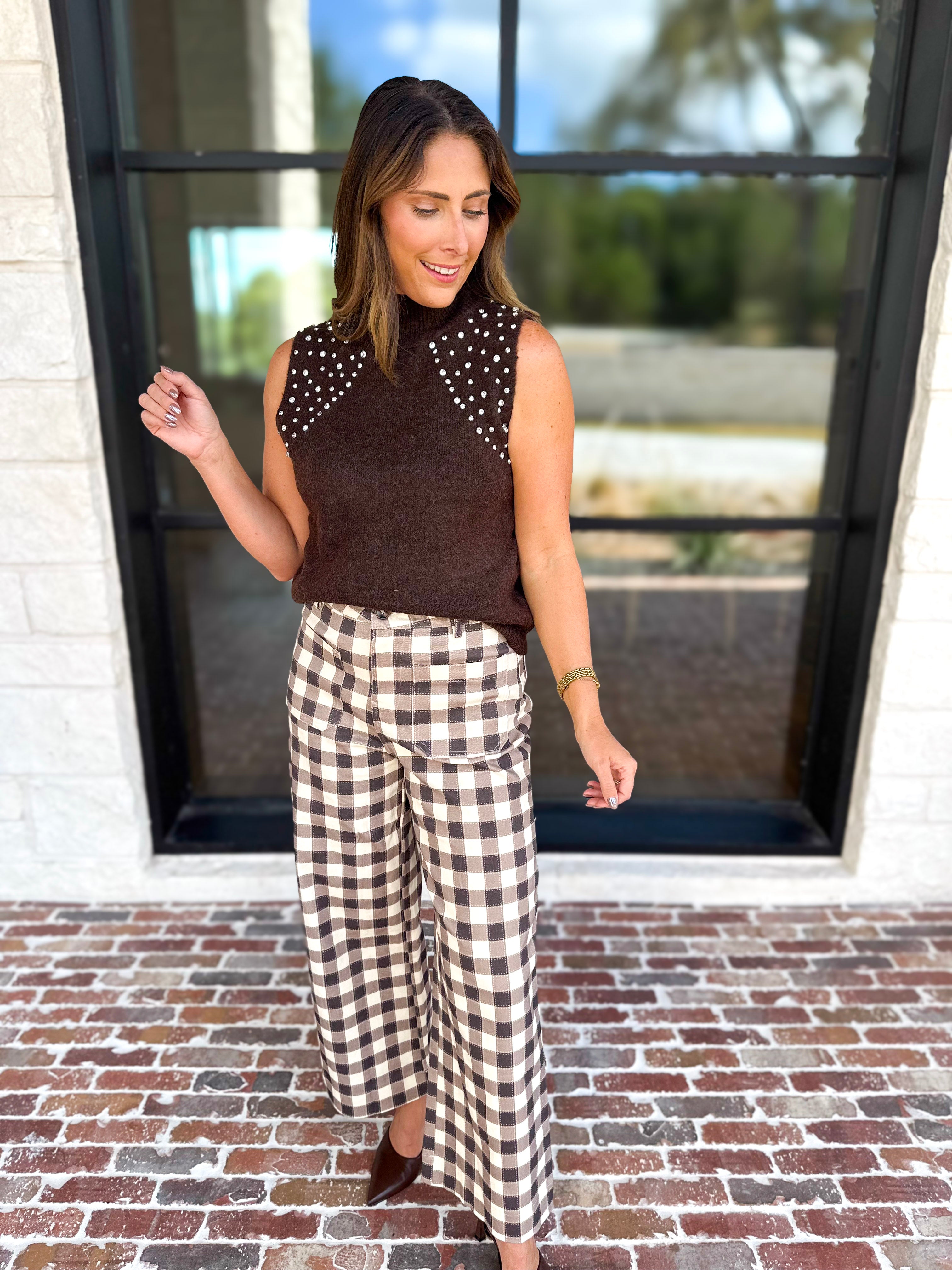 Mocha Cream Checkered Pants-400 Pants-ENTRO-July & June Women's Fashion Boutique Located in San Antonio, Texas