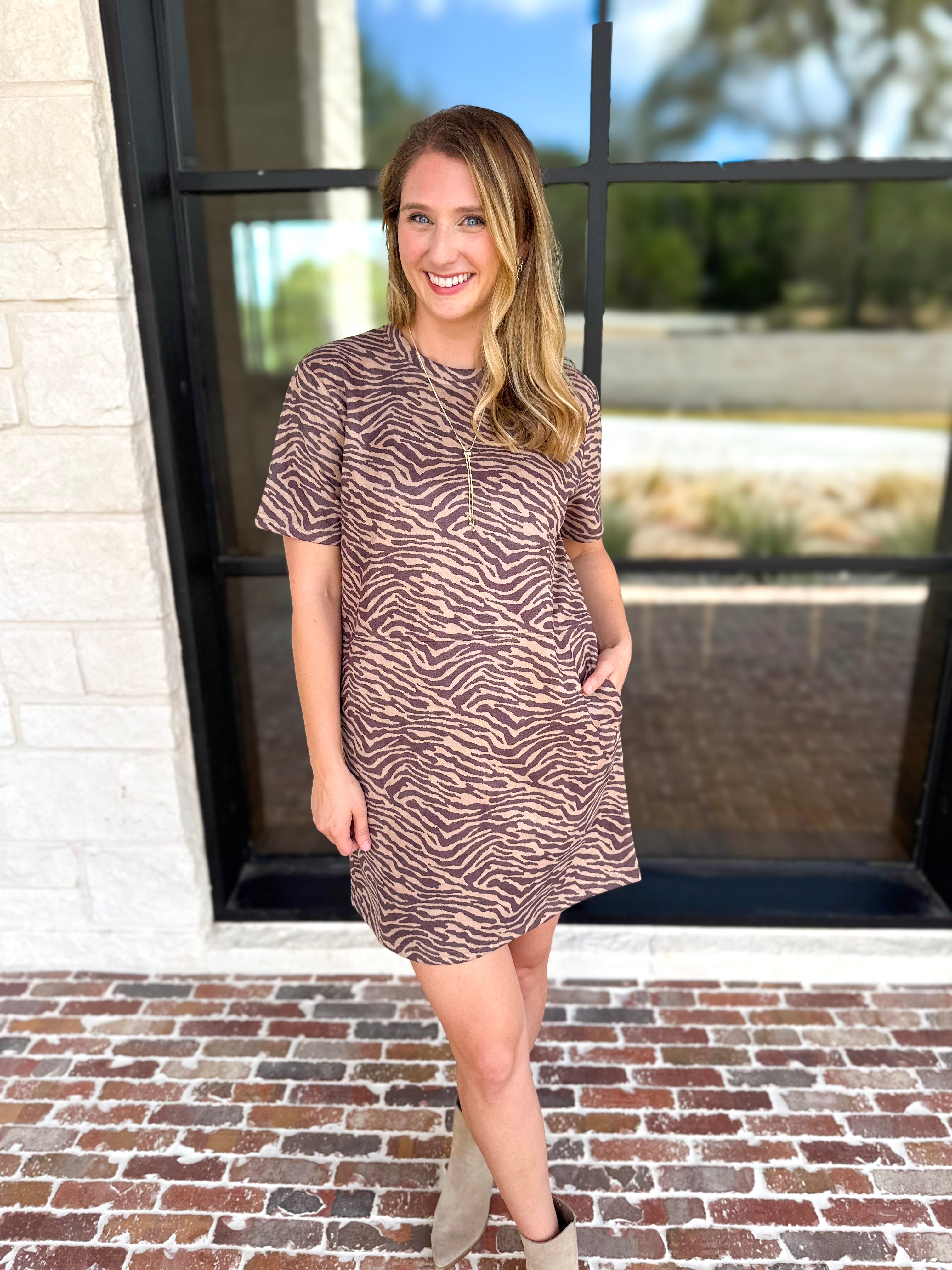 Mocha Zebra Print Mini Dress-510 Mini-FATE-July & June Women's Fashion Boutique Located in San Antonio, Texas