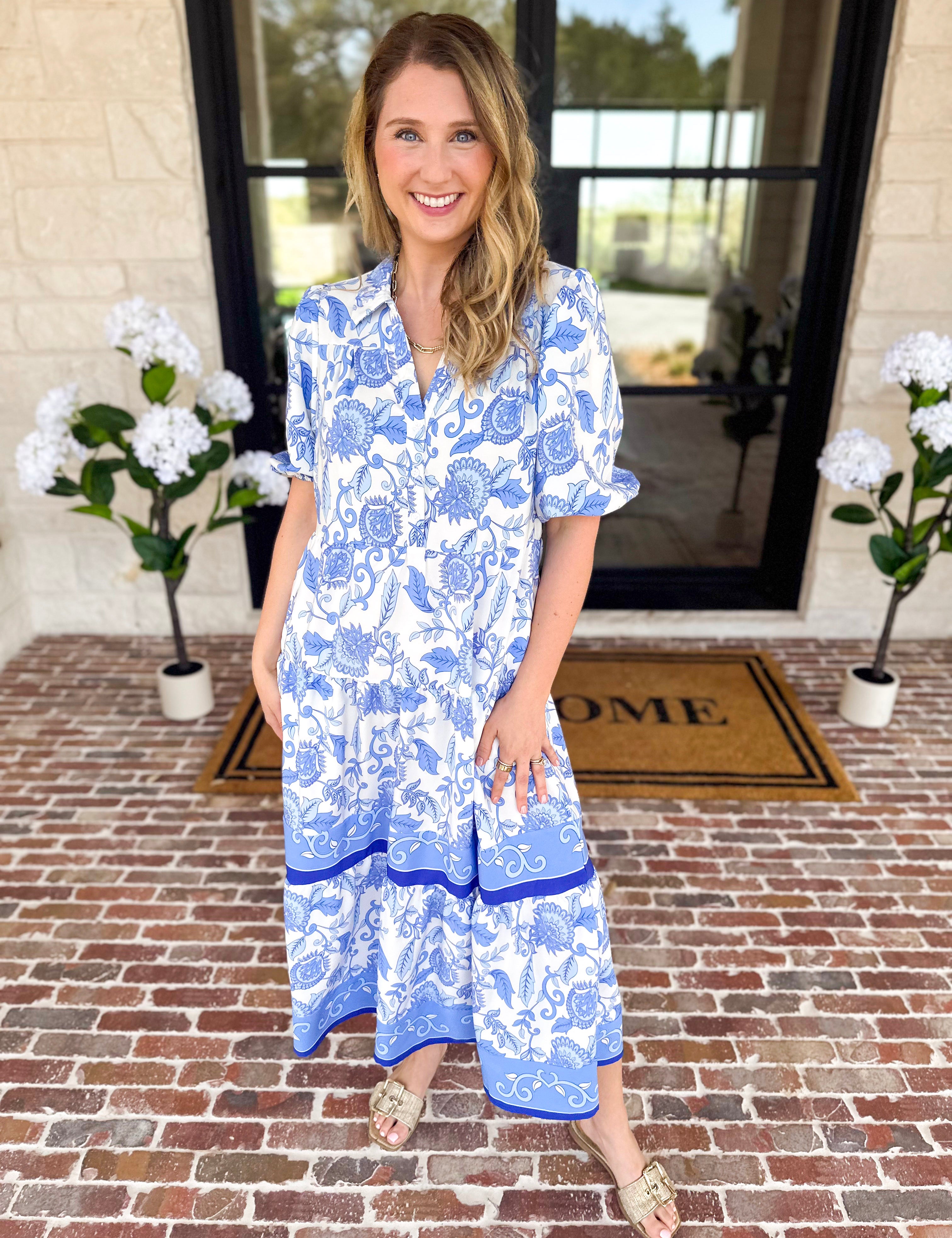 Mary Square - Porcelain Vines Midi Dress-500 Midi-MARY SQUARE-July & June Women's Fashion Boutique Located in San Antonio, Texas