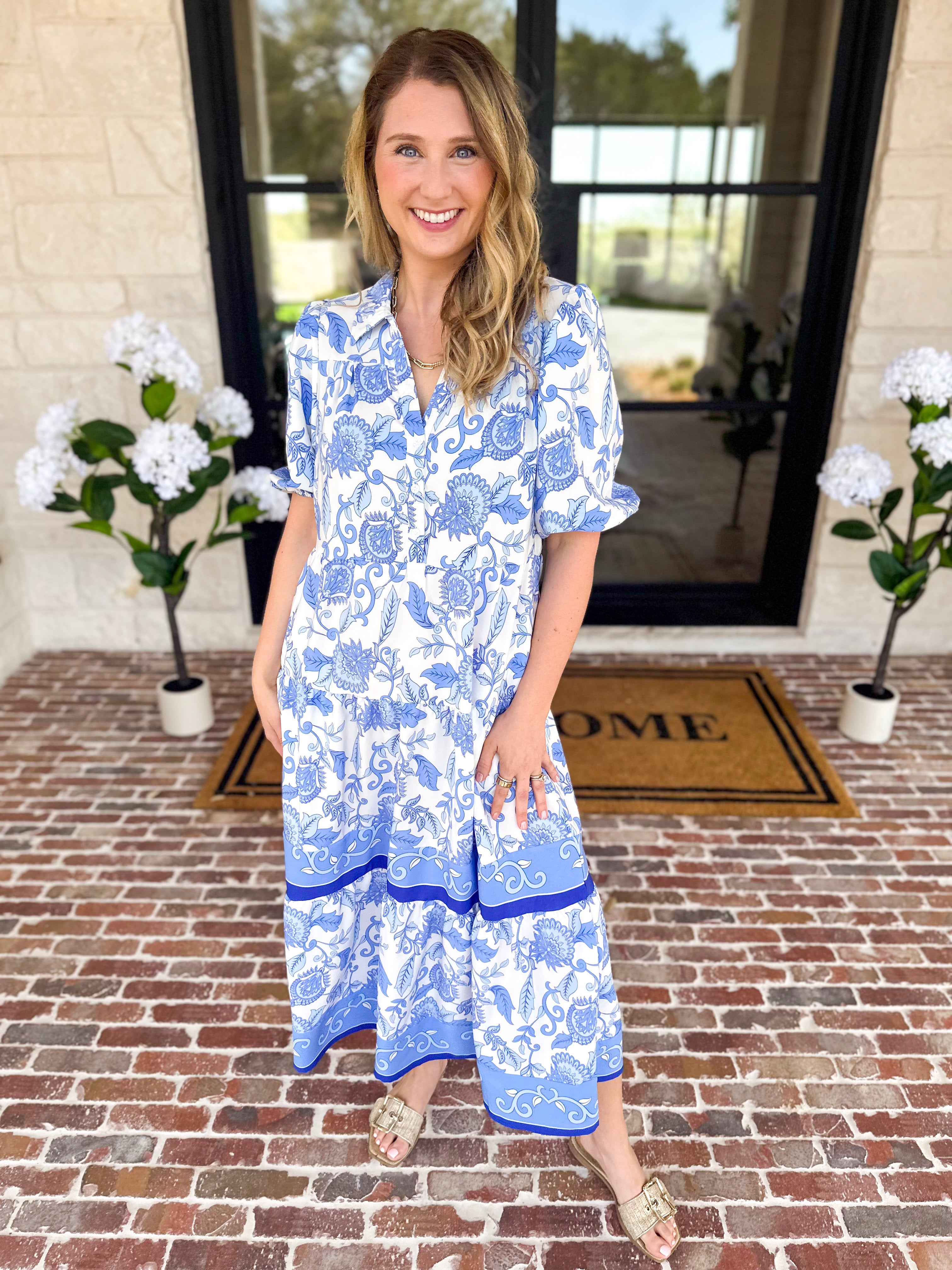 Mary Square - Porcelain Vines Midi Dress-500 Midi-MARY SQUARE-July & June Women's Fashion Boutique Located in San Antonio, Texas