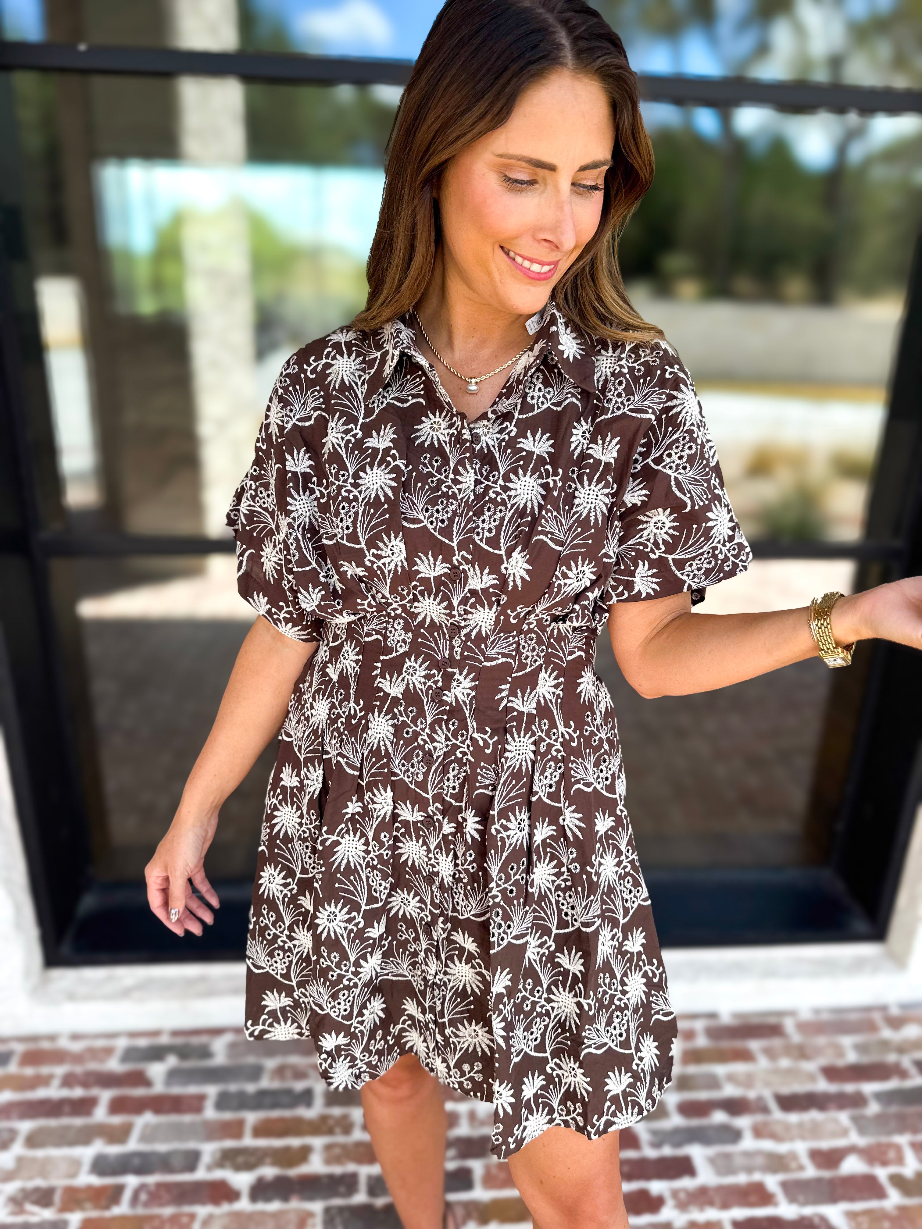 Mocha Floral Cinched Mini Dress-510 Mini-FATE-July & June Women's Fashion Boutique Located in San Antonio, Texas
