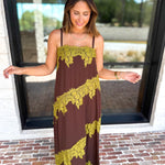Colette Feminine Lace Midi Dress - Brown & Chartreuse-500 Midi-TCEC-July & June Women's Fashion Boutique Located in San Antonio, Texas