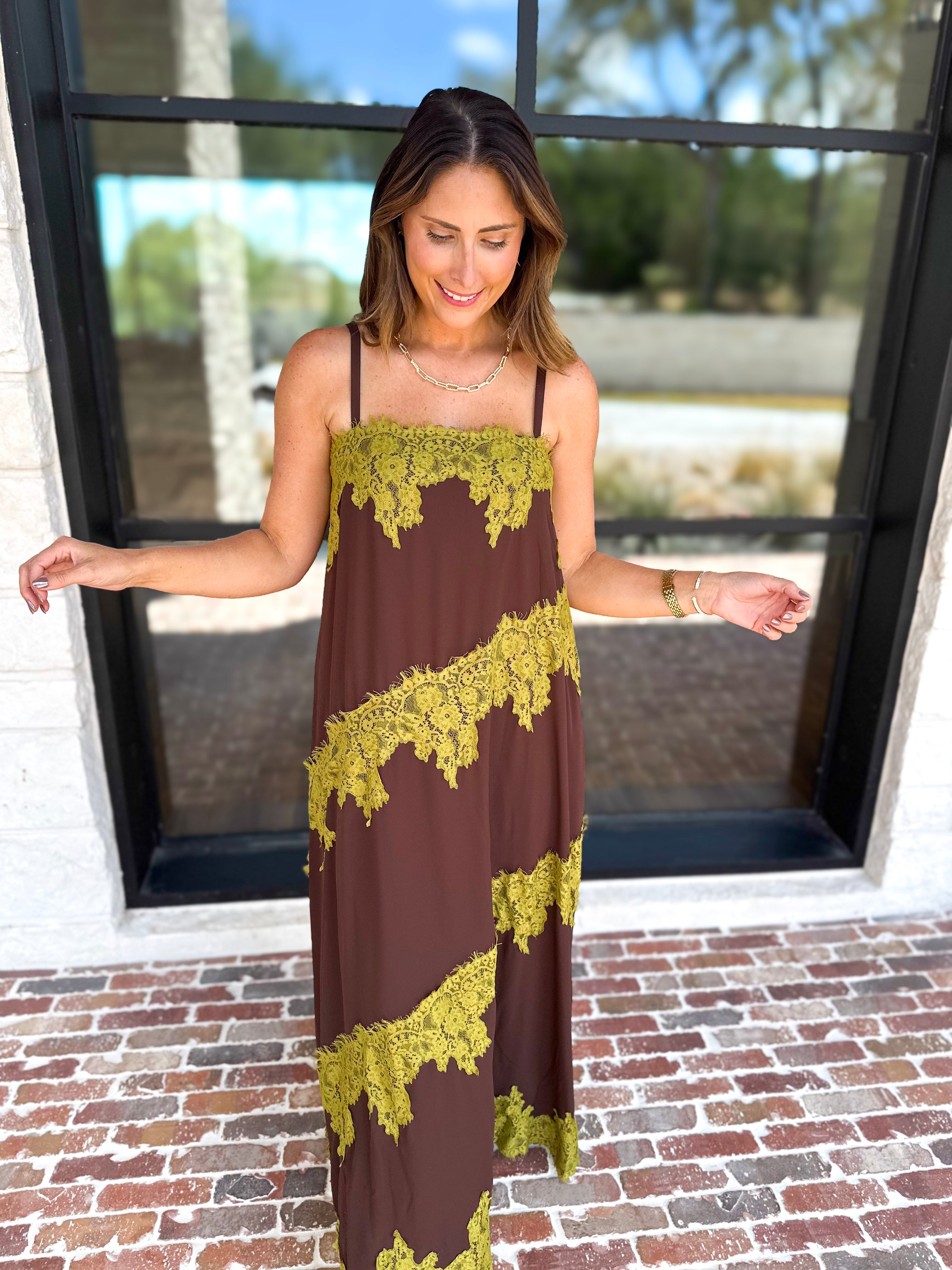 Colette Feminine Lace Midi Dress - Brown & Chartreuse-500 Midi-TCEC-July & June Women's Fashion Boutique Located in San Antonio, Texas
