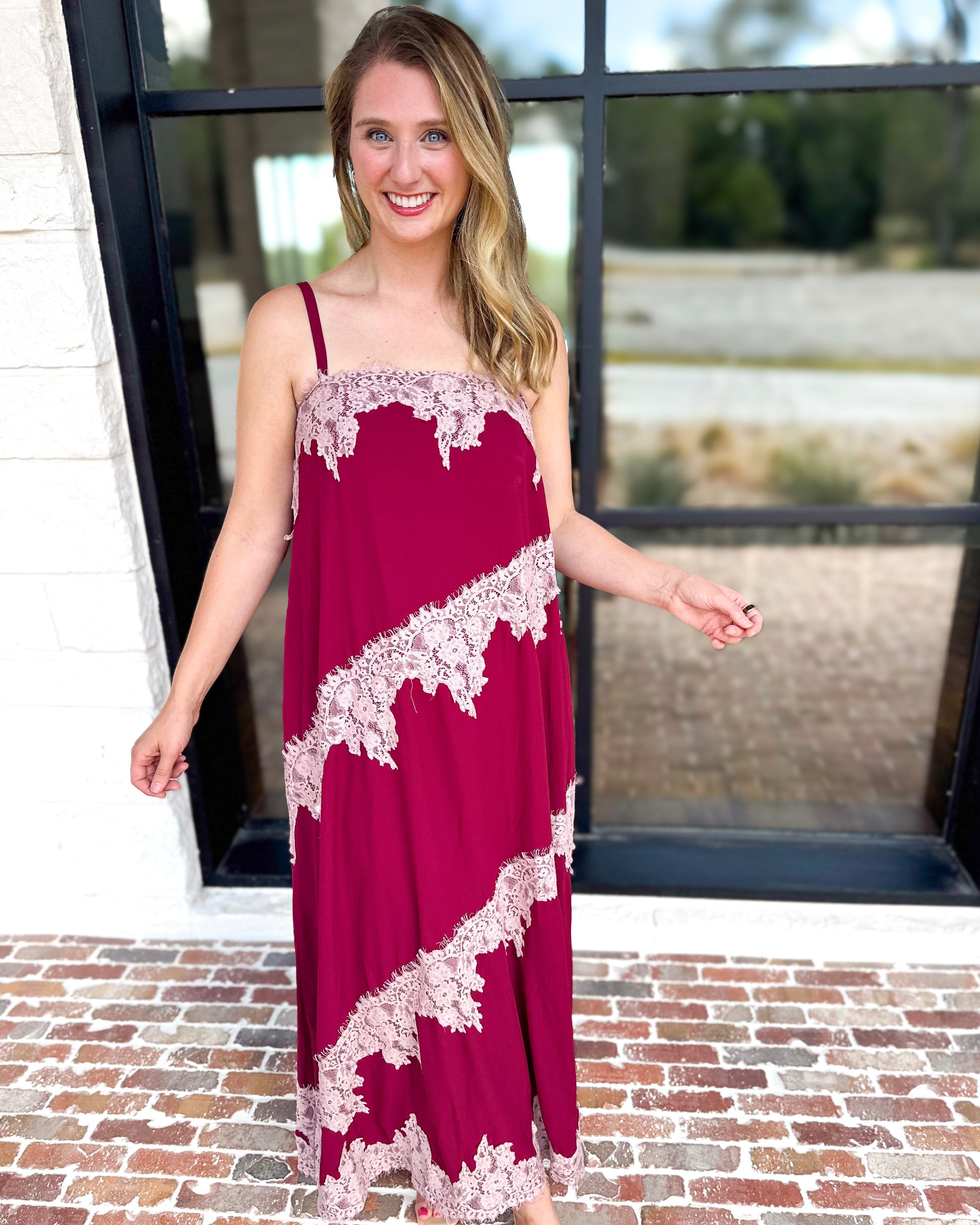 Colette Feminine Lace Midi Dress - Burgundy & Blush-500 Midi-TCEC-July & June Women's Fashion Boutique Located in San Antonio, Texas