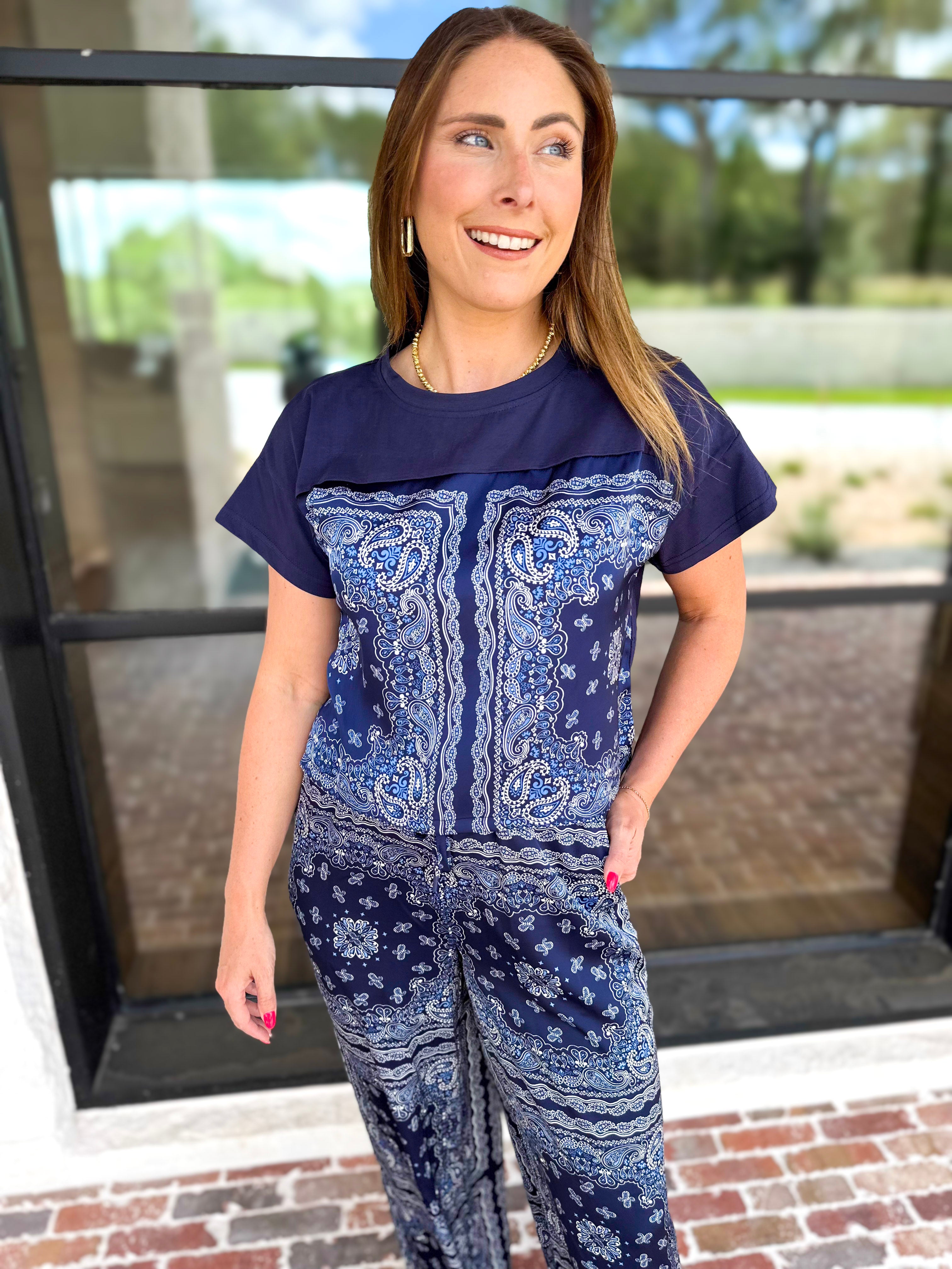 Navy Bandana Pants Set-500 Midi-SKIES ARE BLUE-July & June Women's Fashion Boutique Located in San Antonio, Texas