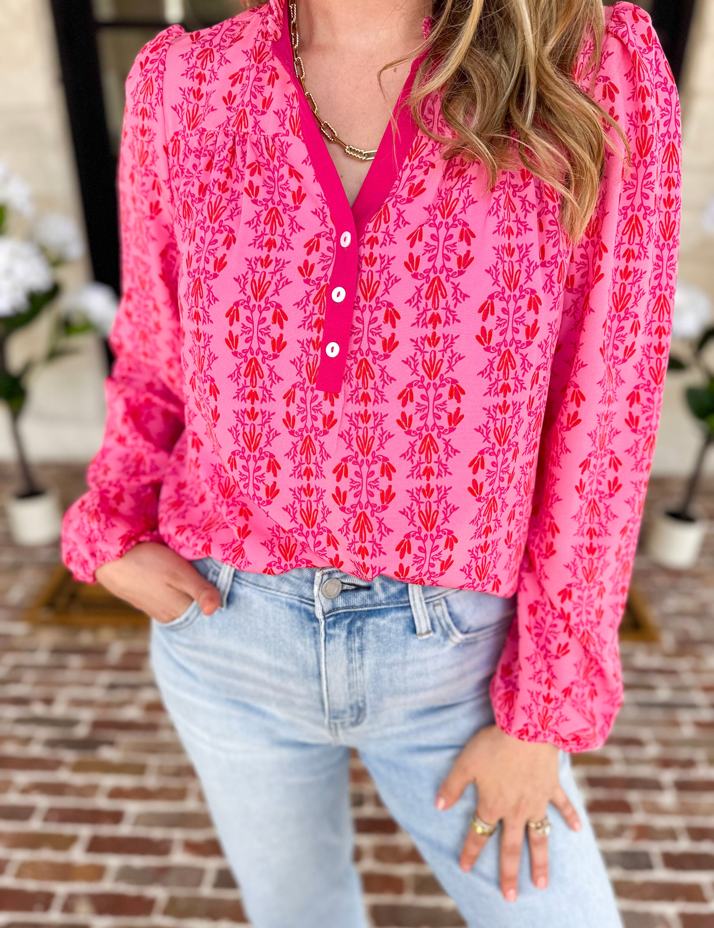 Mary Square - Gianna Heirloom Pink Vine Blouse-200 Fashion Blouses-MARY SQUARE-July & June Women's Fashion Boutique Located in San Antonio, Texas