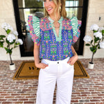 THML - Blue Flutter Sleeve Blouse-200 Fashion Blouses-THML-July & June Women's Fashion Boutique Located in San Antonio, Texas