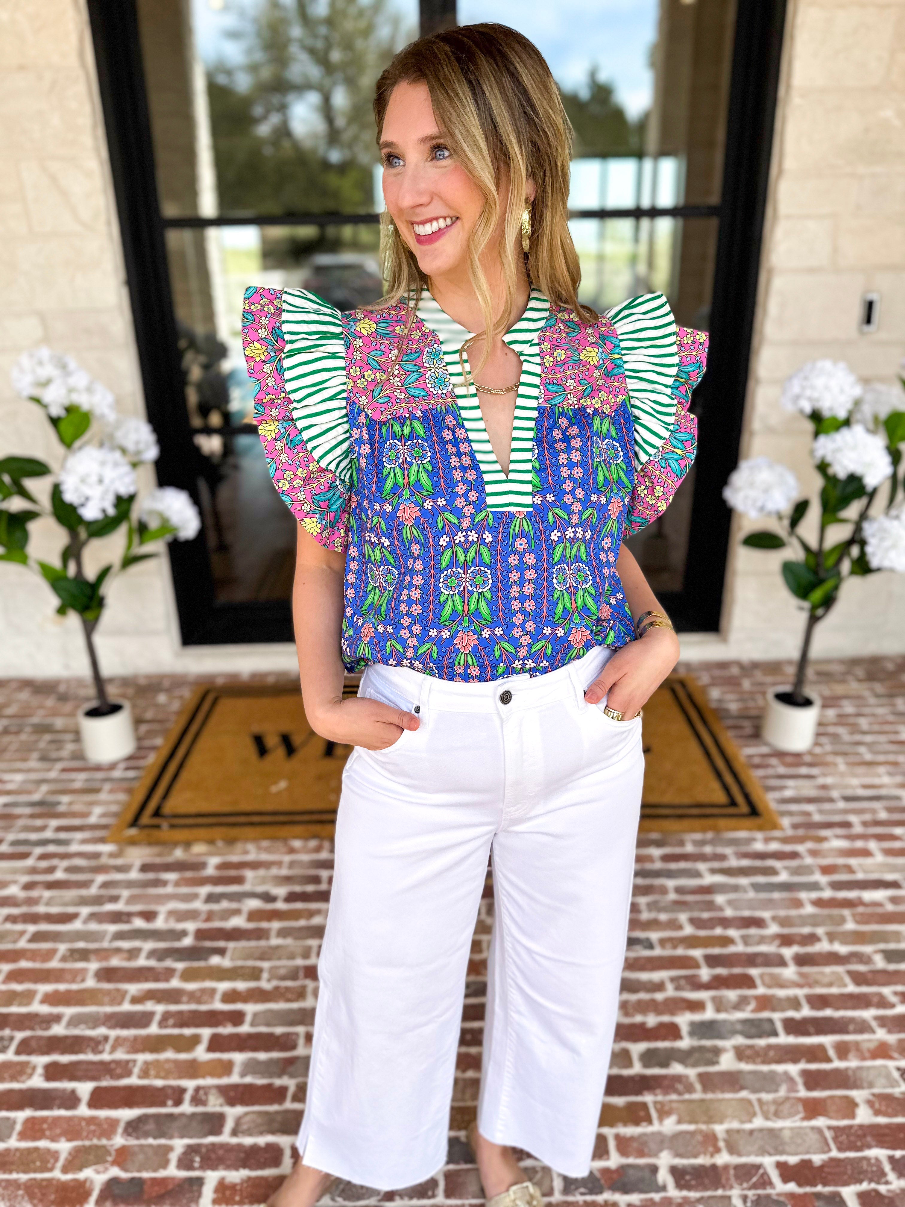 THML - Blue Flutter Sleeve Blouse-200 Fashion Blouses-THML-July & June Women's Fashion Boutique Located in San Antonio, Texas