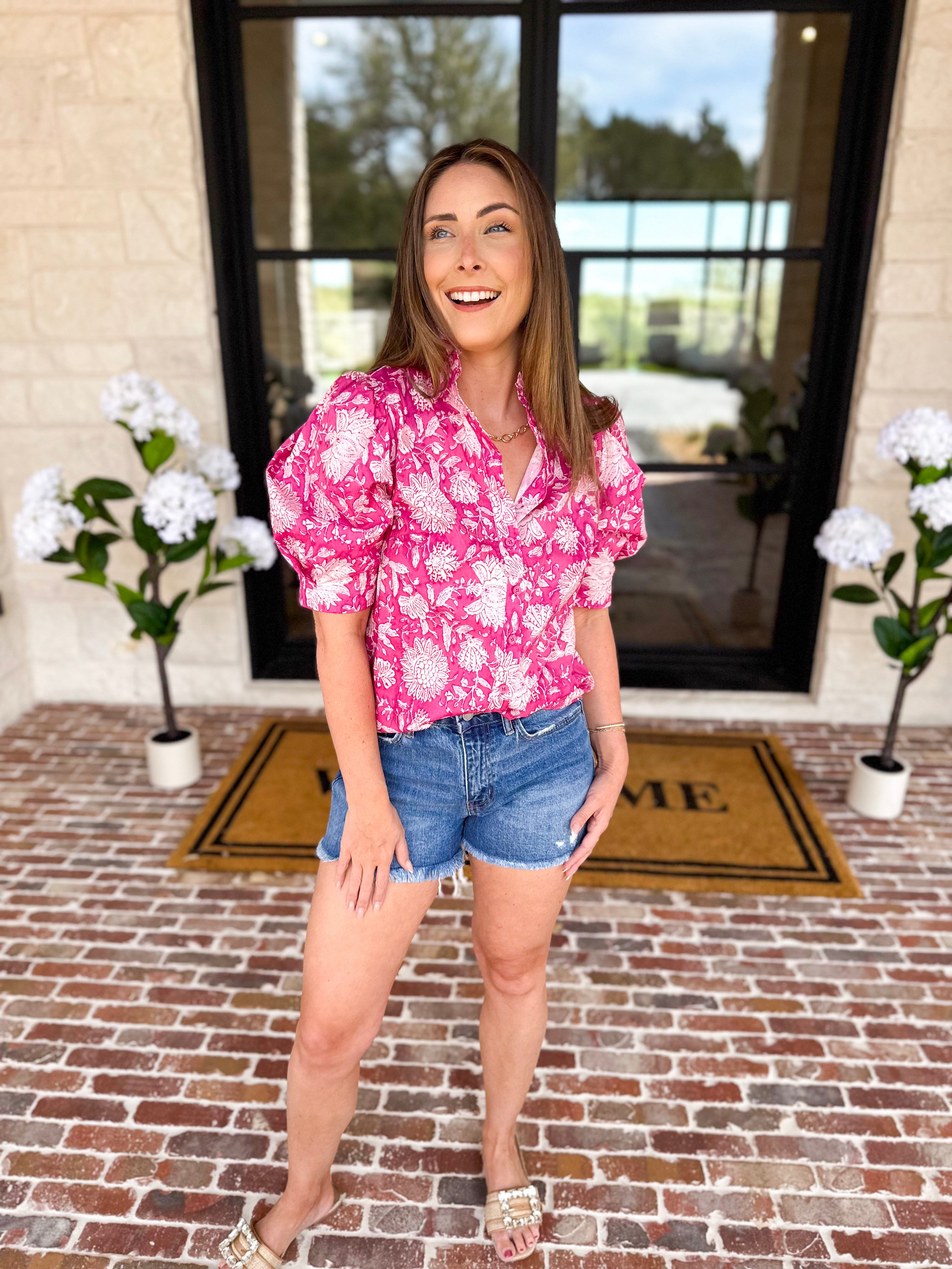 Punchy Pink Floral Blouse-200 Fashion Blouses-FATE-July & June Women's Fashion Boutique Located in San Antonio, Texas