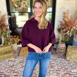 Cozy Collared Oversized Sweater Top - Merlot-230 Sweaters/Cardis-ENTRO-July & June Women's Fashion Boutique Located in San Antonio, Texas