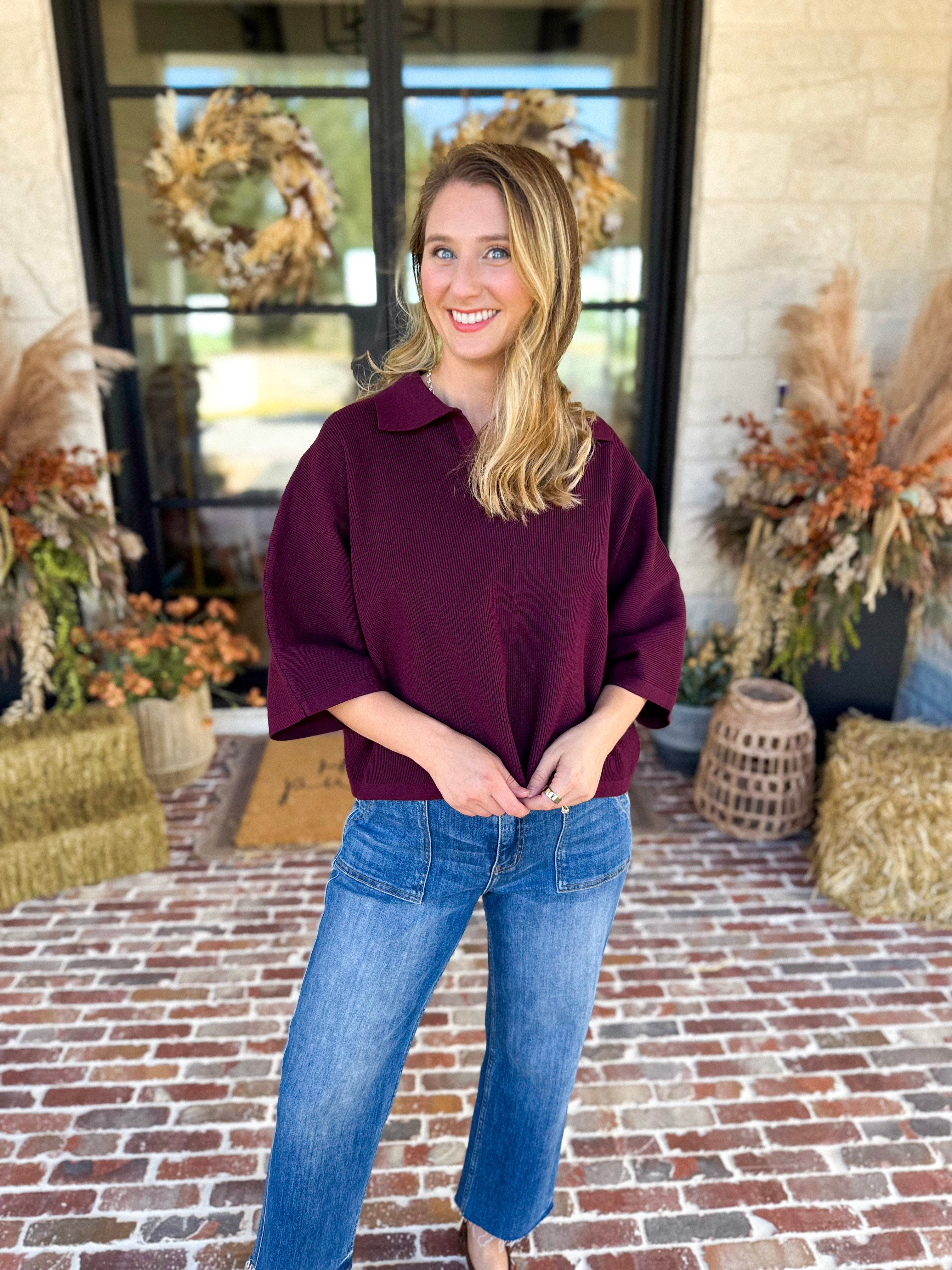 Cozy Collared Oversized Sweater Top - Merlot-230 Sweaters/Cardis-ENTRO-July & June Women's Fashion Boutique Located in San Antonio, Texas