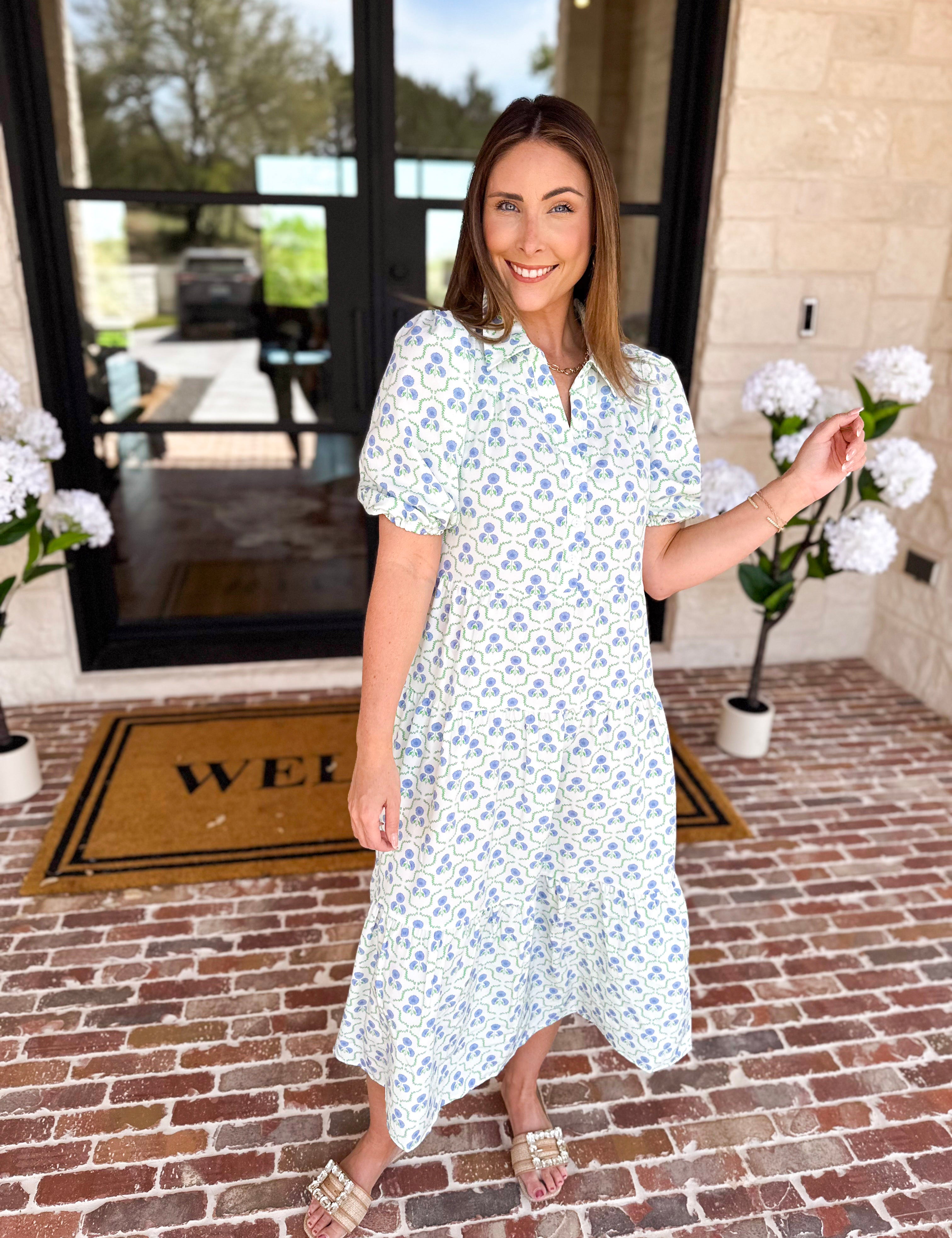 Mary Square - Eloise Lattice Blue Midi Dress-500 Midi-MARY SQUARE-July & June Women's Fashion Boutique Located in San Antonio, Texas