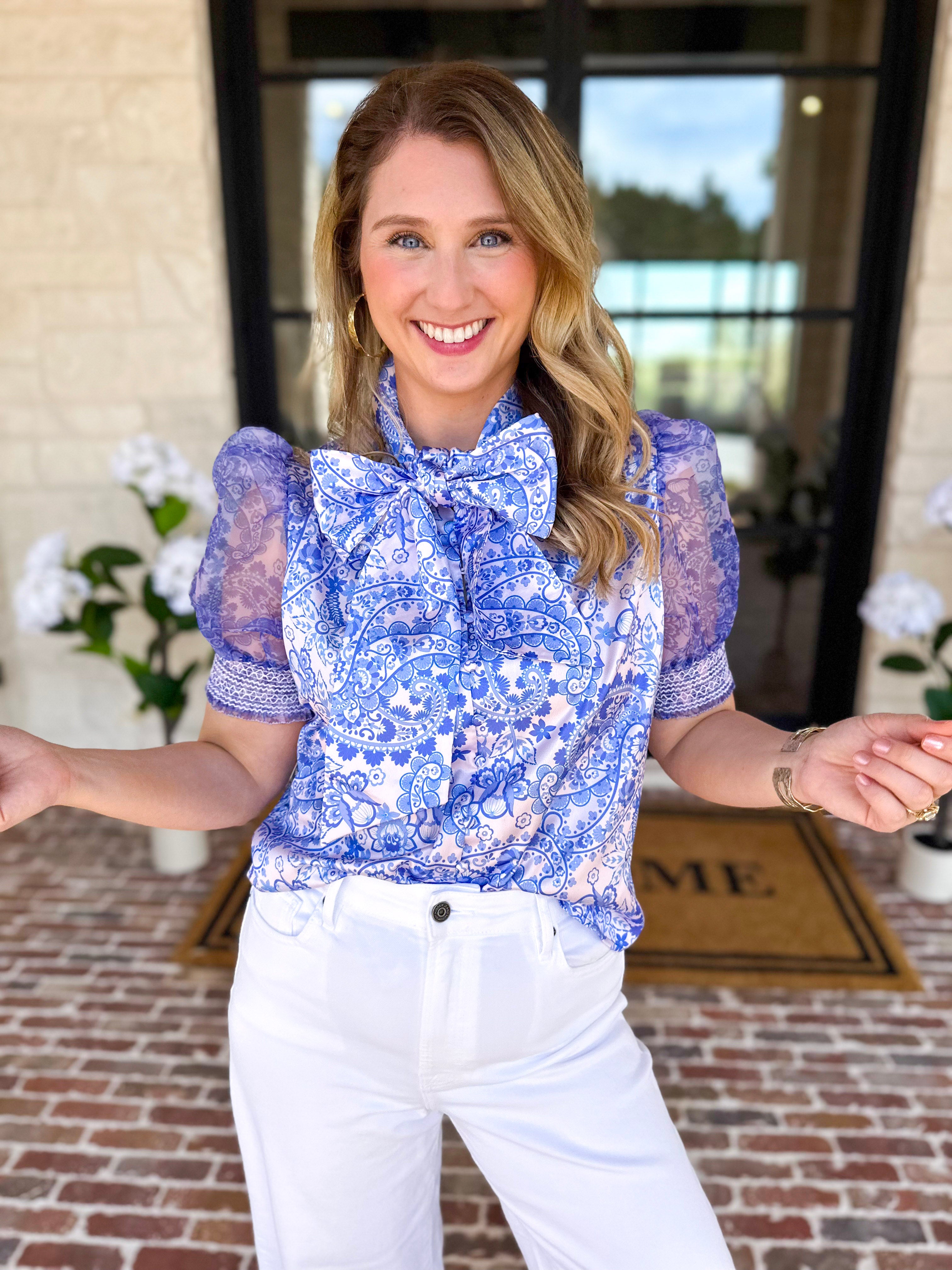 Blue Paisley Blouse-200 Fashion Blouses-FATE-July & June Women's Fashion Boutique Located in San Antonio, Texas