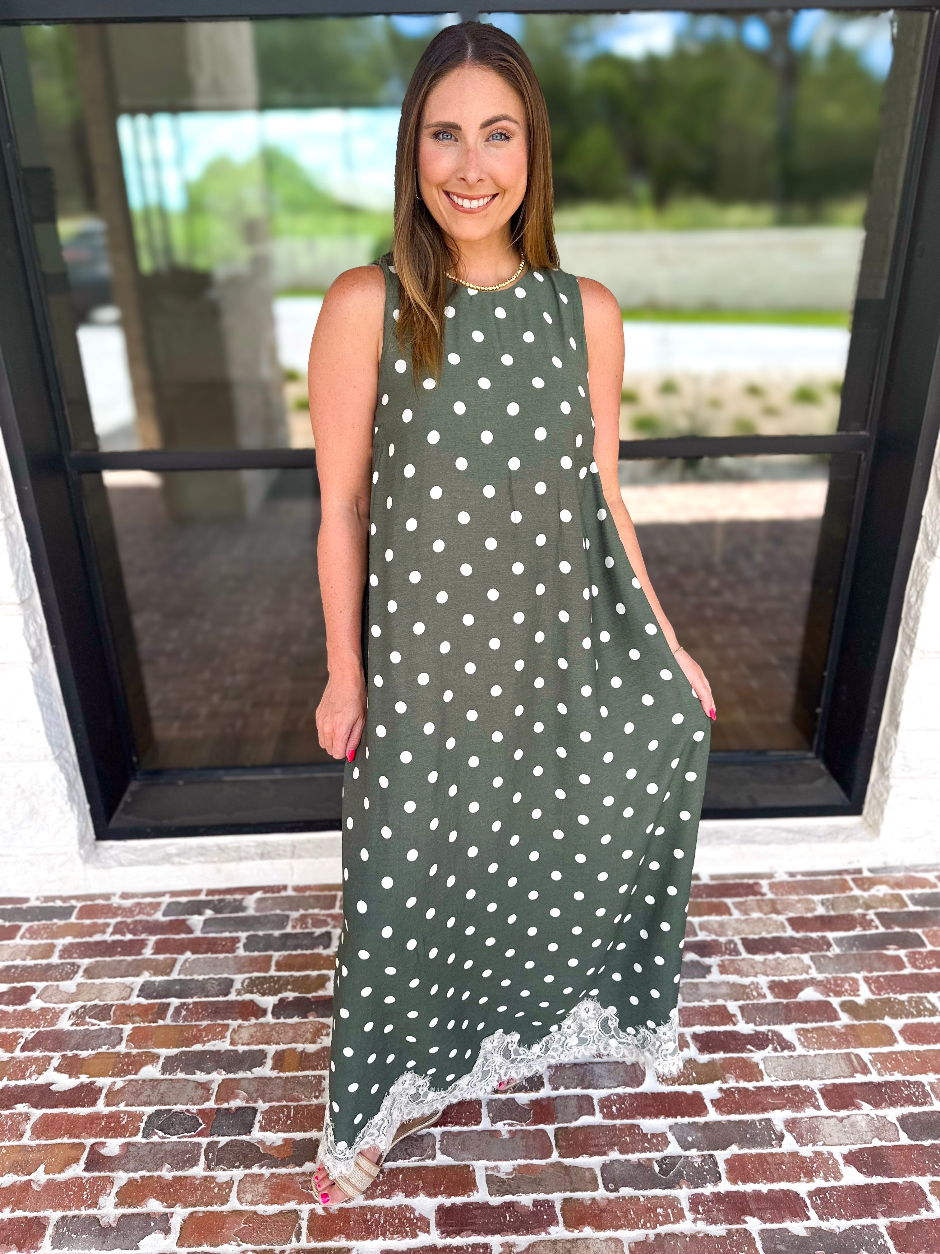 Effortless Polka Dot Midi Dress - Olive-500 Midi-ENTRO-July & June Women's Fashion Boutique Located in San Antonio, Texas