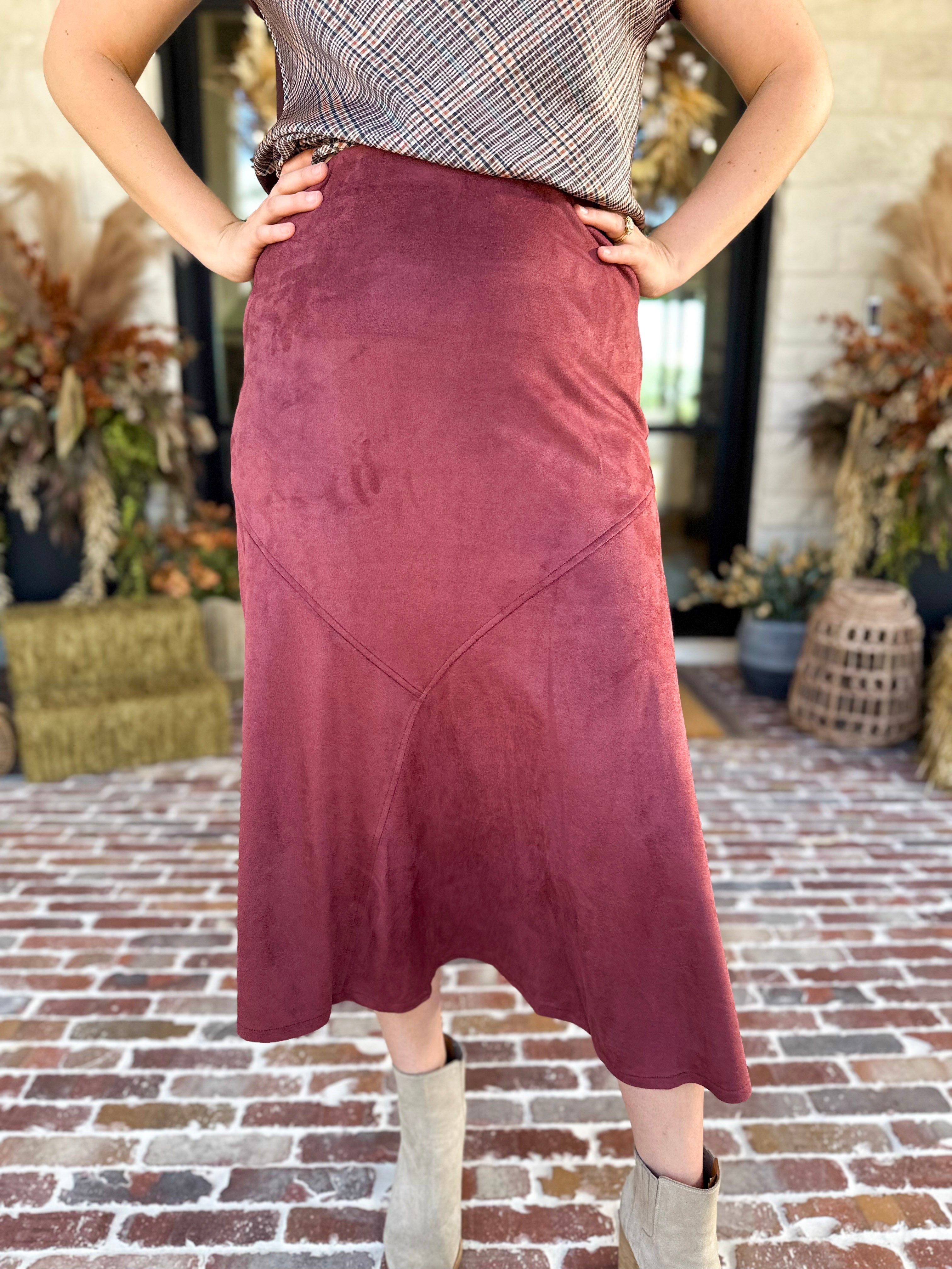 Suede Midi Skirt - Maroon-410 Shorts/Skirts-STYLE USA-July & June Women's Fashion Boutique Located in San Antonio, Texas