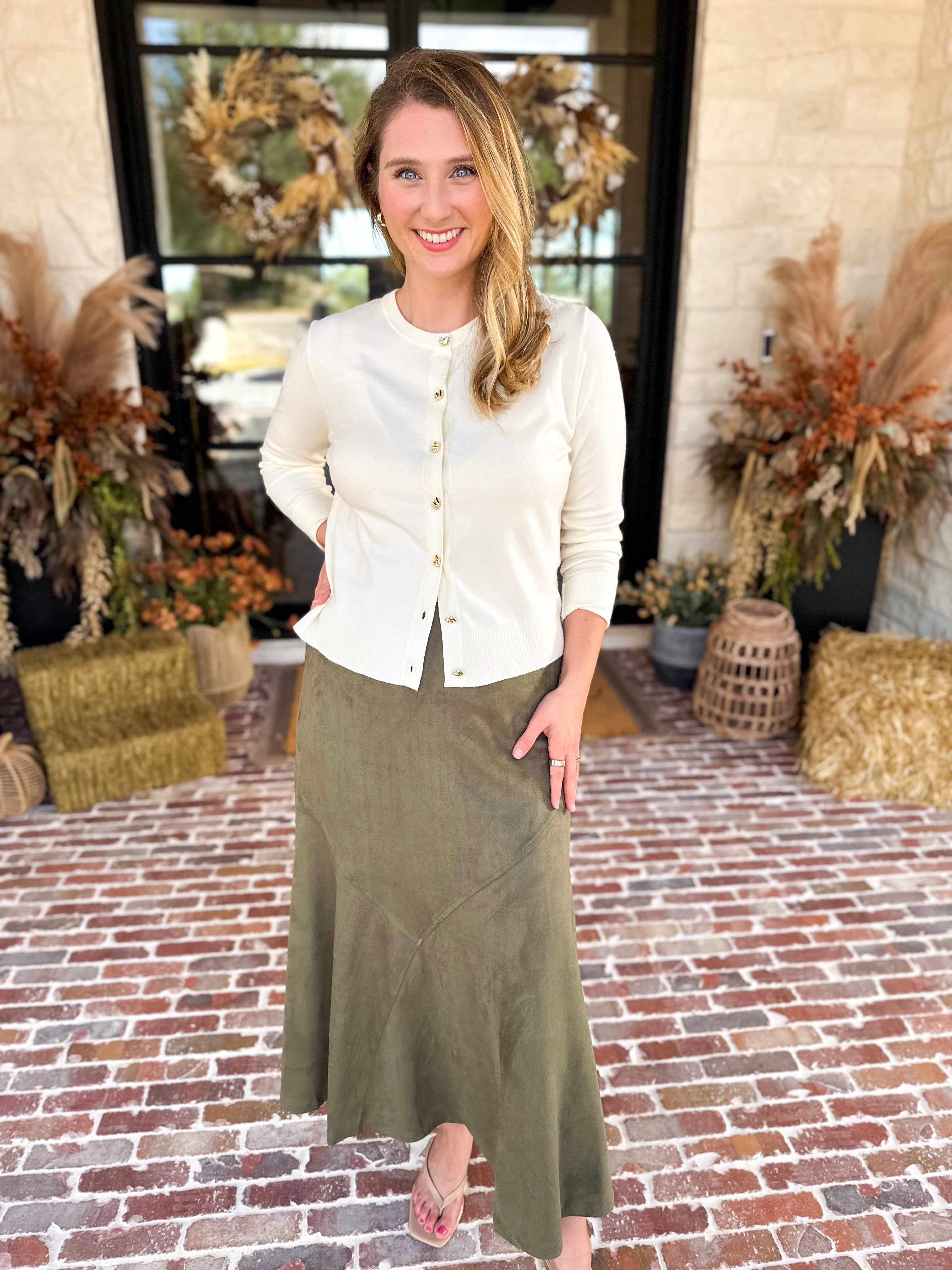 Suede Midi Skirt - Olive-410 Shorts/Skirts-STYLE USA-July & June Women's Fashion Boutique Located in San Antonio, Texas
