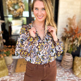 Dusty Blue & Marigold Floral Blouse-200 Fashion Blouses-FATE-July & June Women's Fashion Boutique Located in San Antonio, Texas