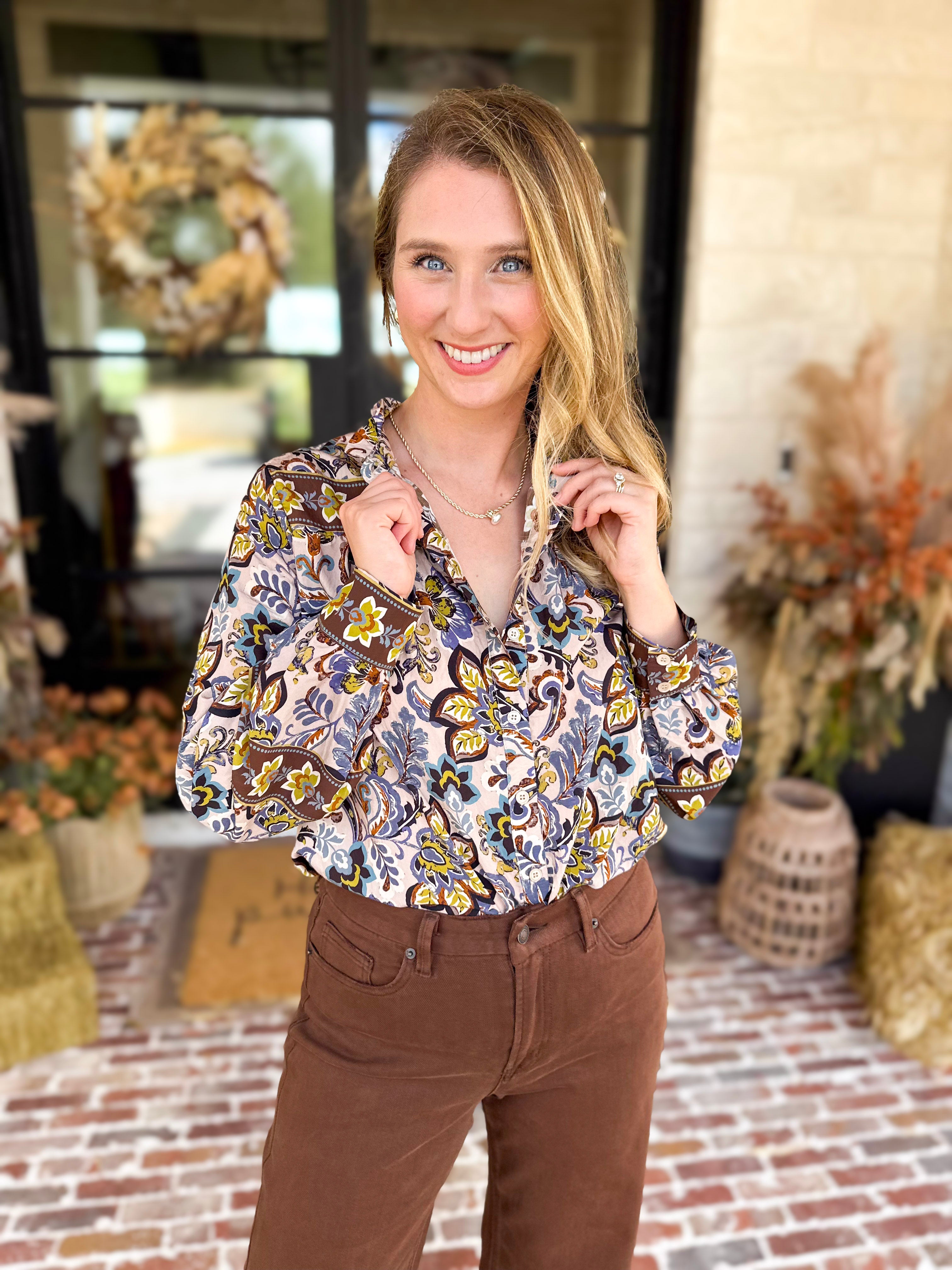 Dusty Blue & Marigold Floral Blouse-200 Fashion Blouses-FATE-July & June Women's Fashion Boutique Located in San Antonio, Texas