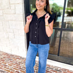 Ruffle & Pearl Detail Button Down Top - Black-200 Fashion Blouses-JODIFL-July & June Women's Fashion Boutique Located in San Antonio, Texas
