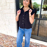 Ruffle & Pearl Detail Button Down Top - Black-200 Fashion Blouses-JODIFL-July & June Women's Fashion Boutique Located in San Antonio, Texas
