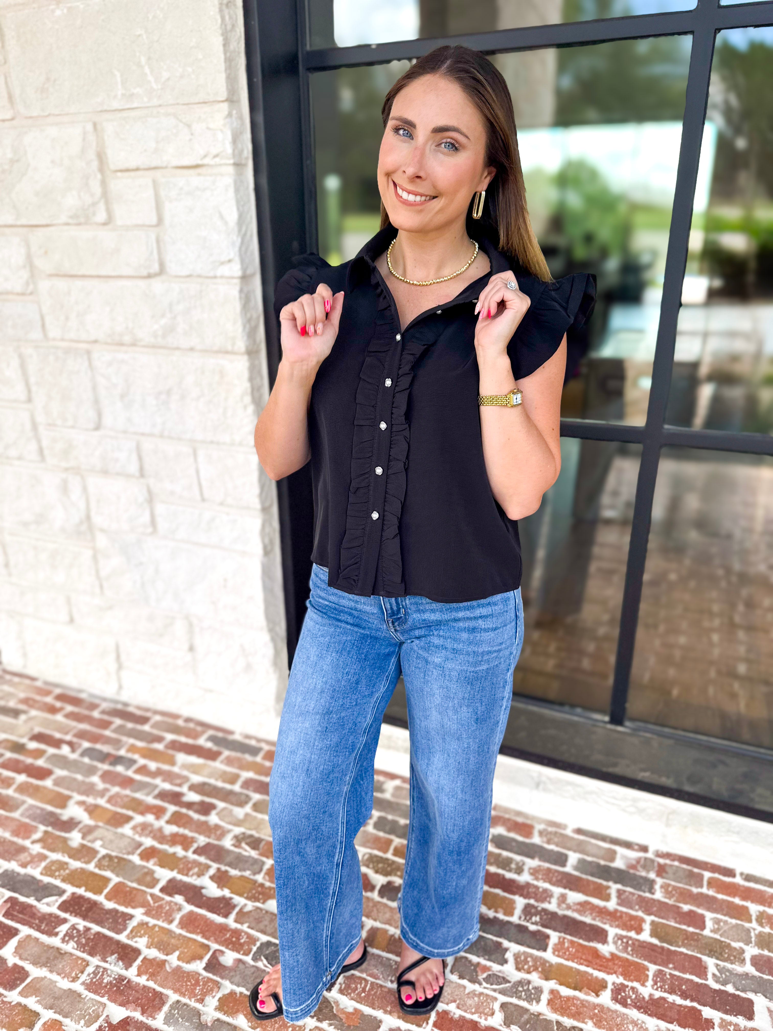 Ruffle & Pearl Detail Button Down Top - Black-200 Fashion Blouses-JODIFL-July & June Women's Fashion Boutique Located in San Antonio, Texas